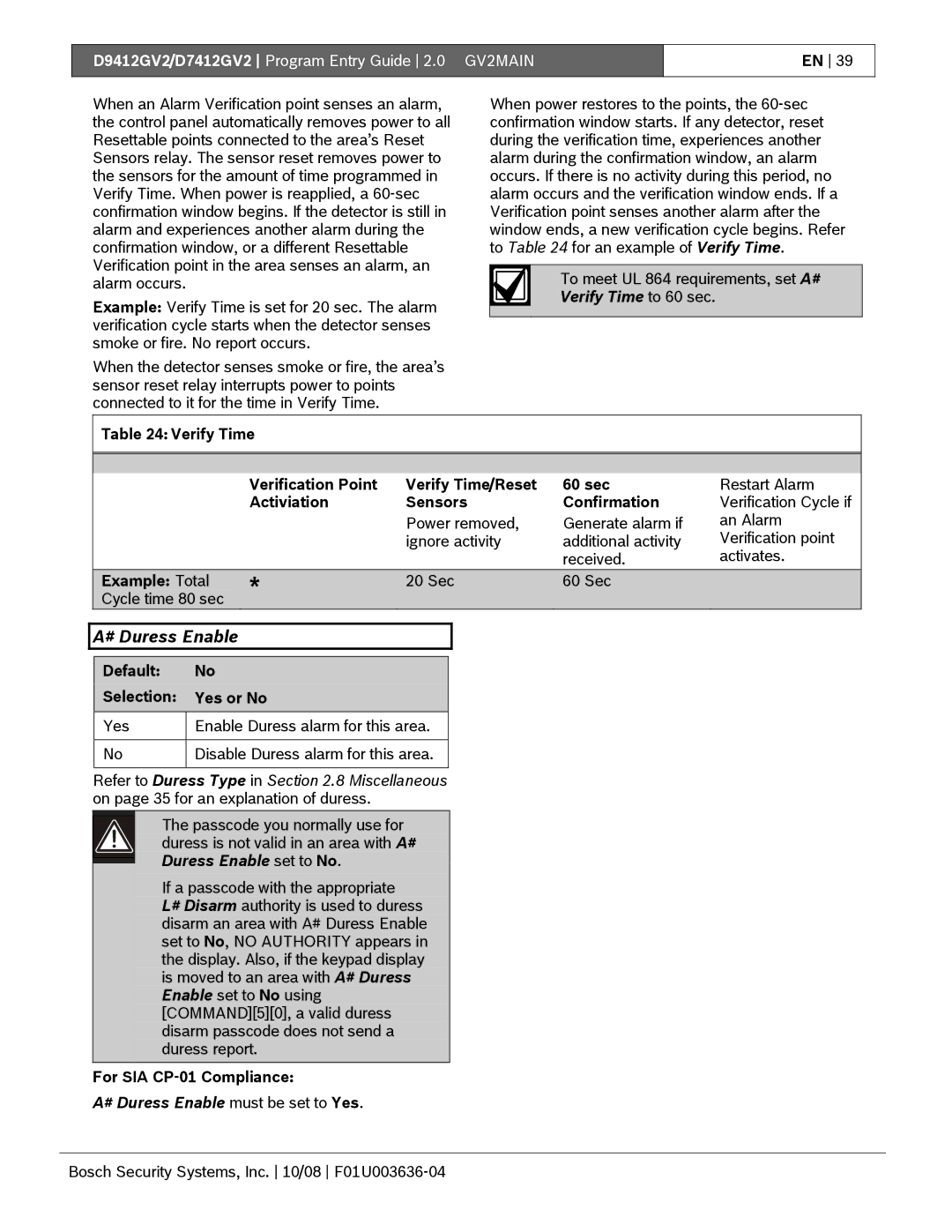 Bosch Appliances D9412GV2 manual Verify Time to 60 sec, # Duress Enable must be set to Yes 