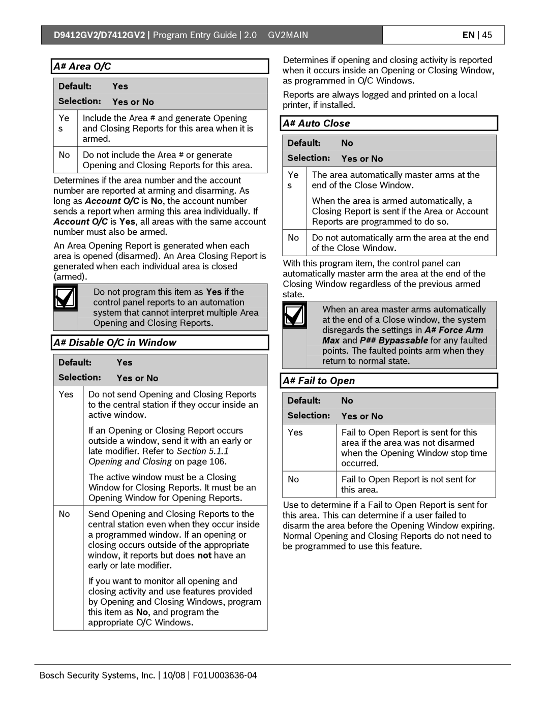 Bosch Appliances D9412GV2 manual # Area O/C, # Disable O/C in Window, # Auto Close, # Fail to Open, Opening and Closing on 