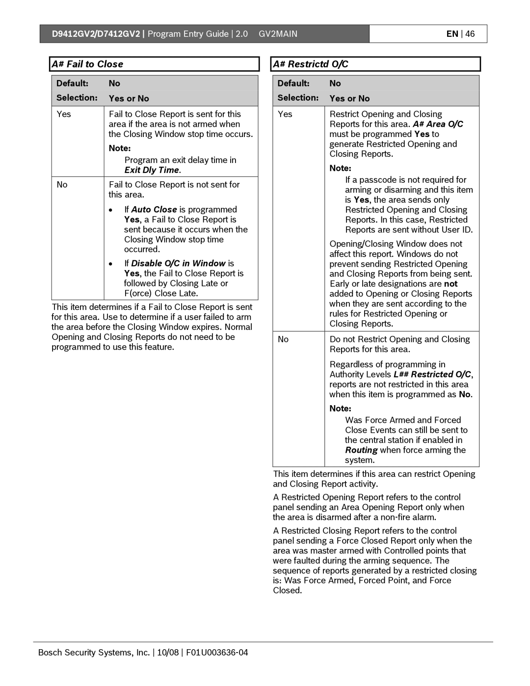 Bosch Appliances D9412GV2 manual # Fail to Close, # Restrictd O/C, Exit Dly Time, If Disable O/C in Window is 