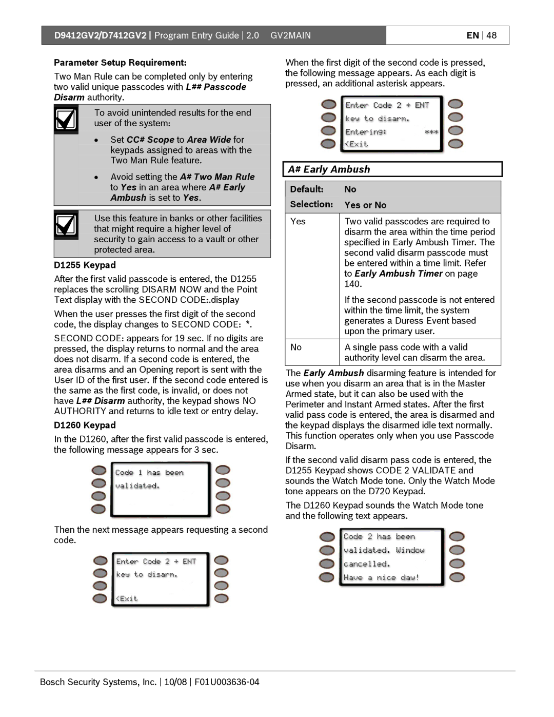 Bosch Appliances D9412GV2 manual # Early Ambush, Parameter Setup Requirement, D1255 Keypad, D1260 Keypad 