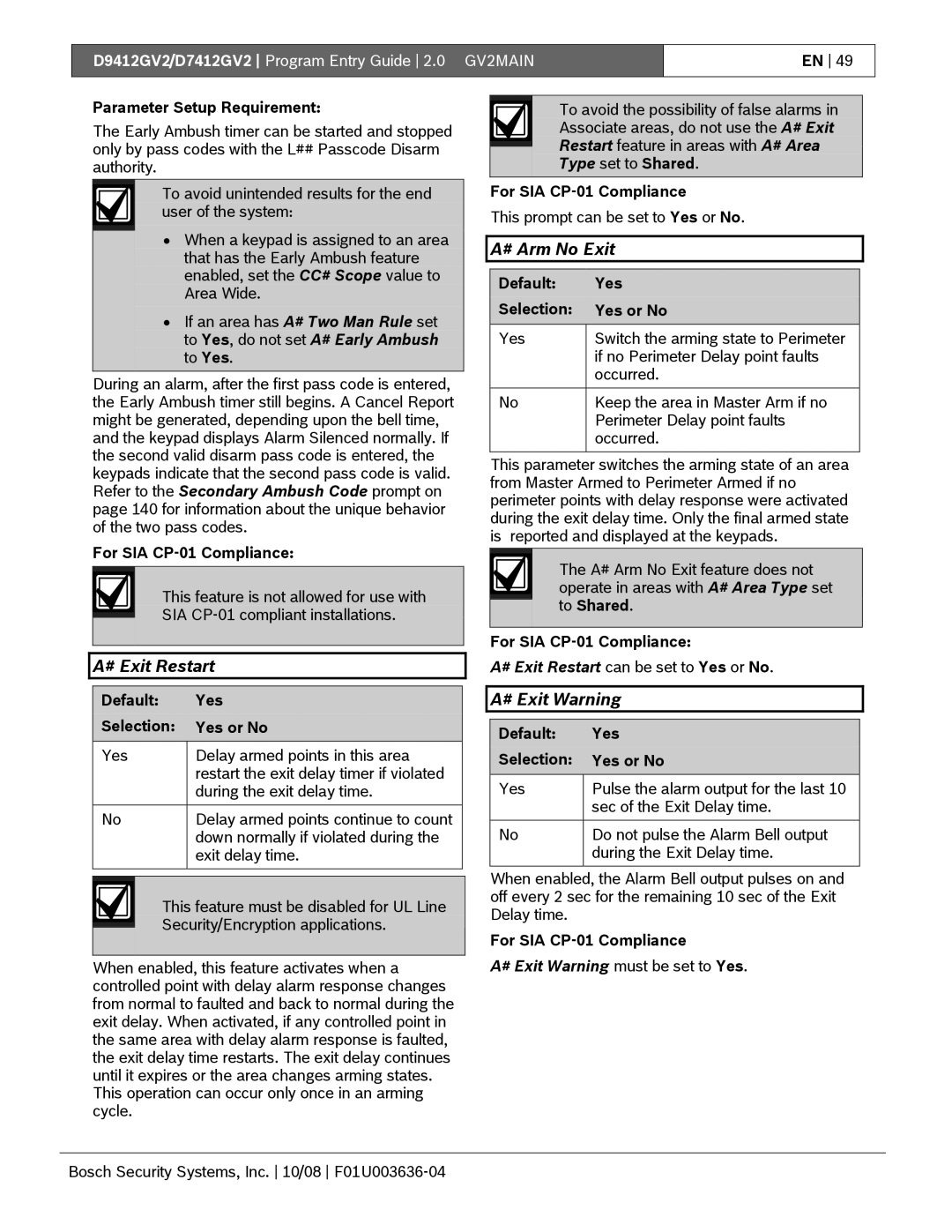 Bosch Appliances D9412GV2 manual # Exit Restart, # Arm No Exit, # Exit Warning must be set to Yes 