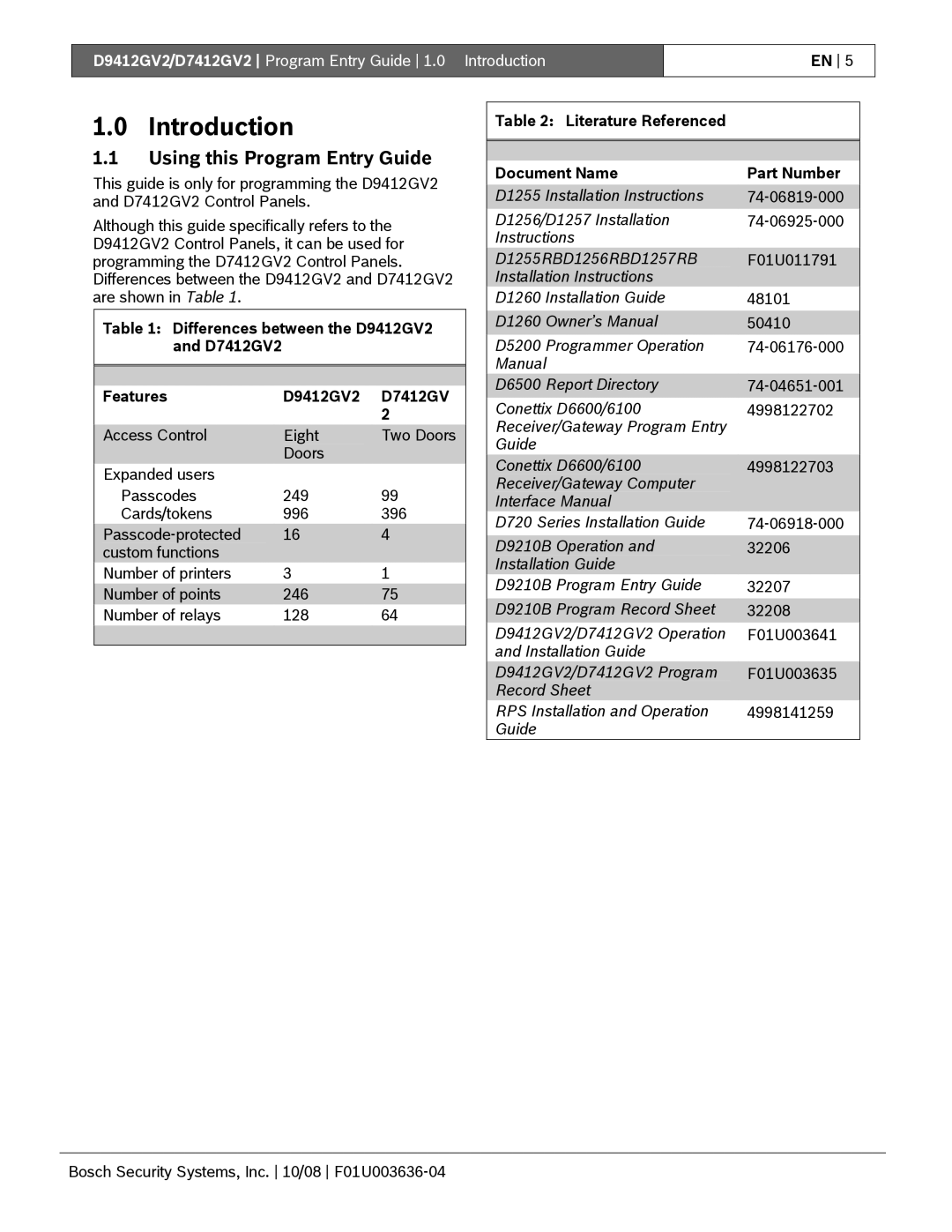 Bosch Appliances manual Using this Program Entry Guide, Differences between the D9412GV2 and D7412GV2 Features 