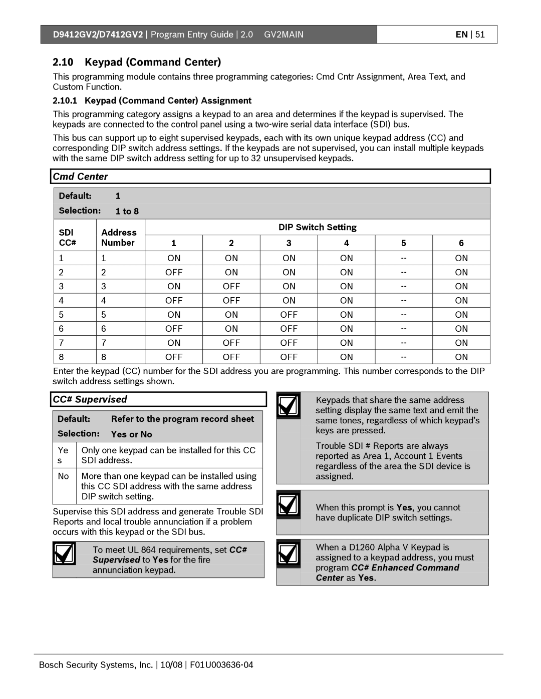 Bosch Appliances D9412GV2 manual Keypad Command Center, Cmd Center, CC# Supervised 