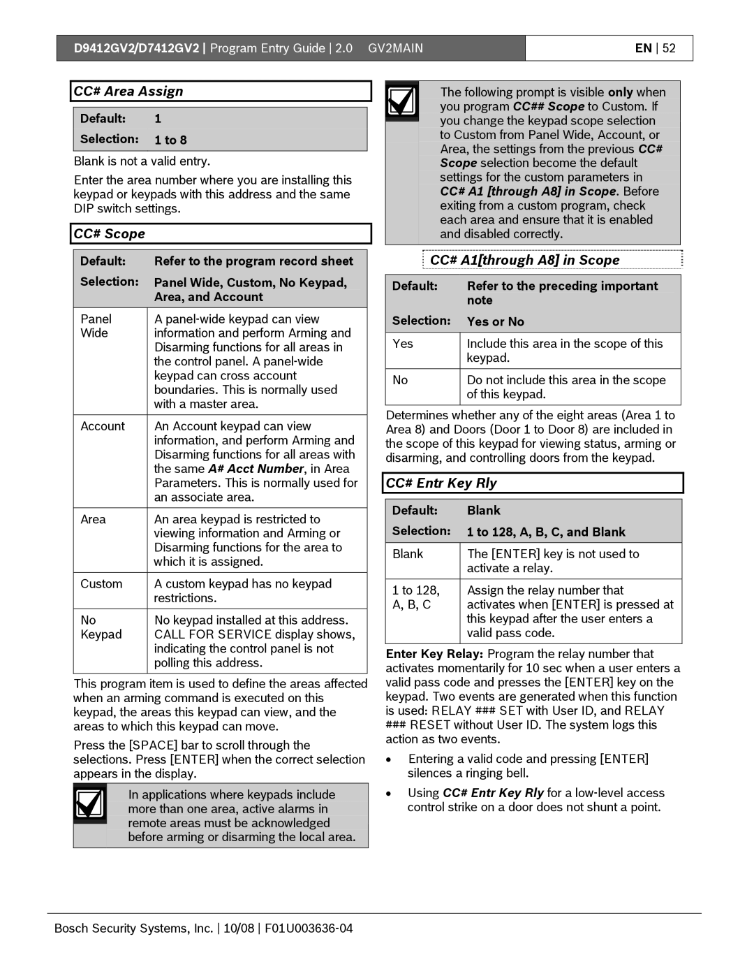 Bosch Appliances D9412GV2 manual CC# Area Assign, CC# Scope, CC# A1through A8 in Scope, CC# Entr Key Rly 