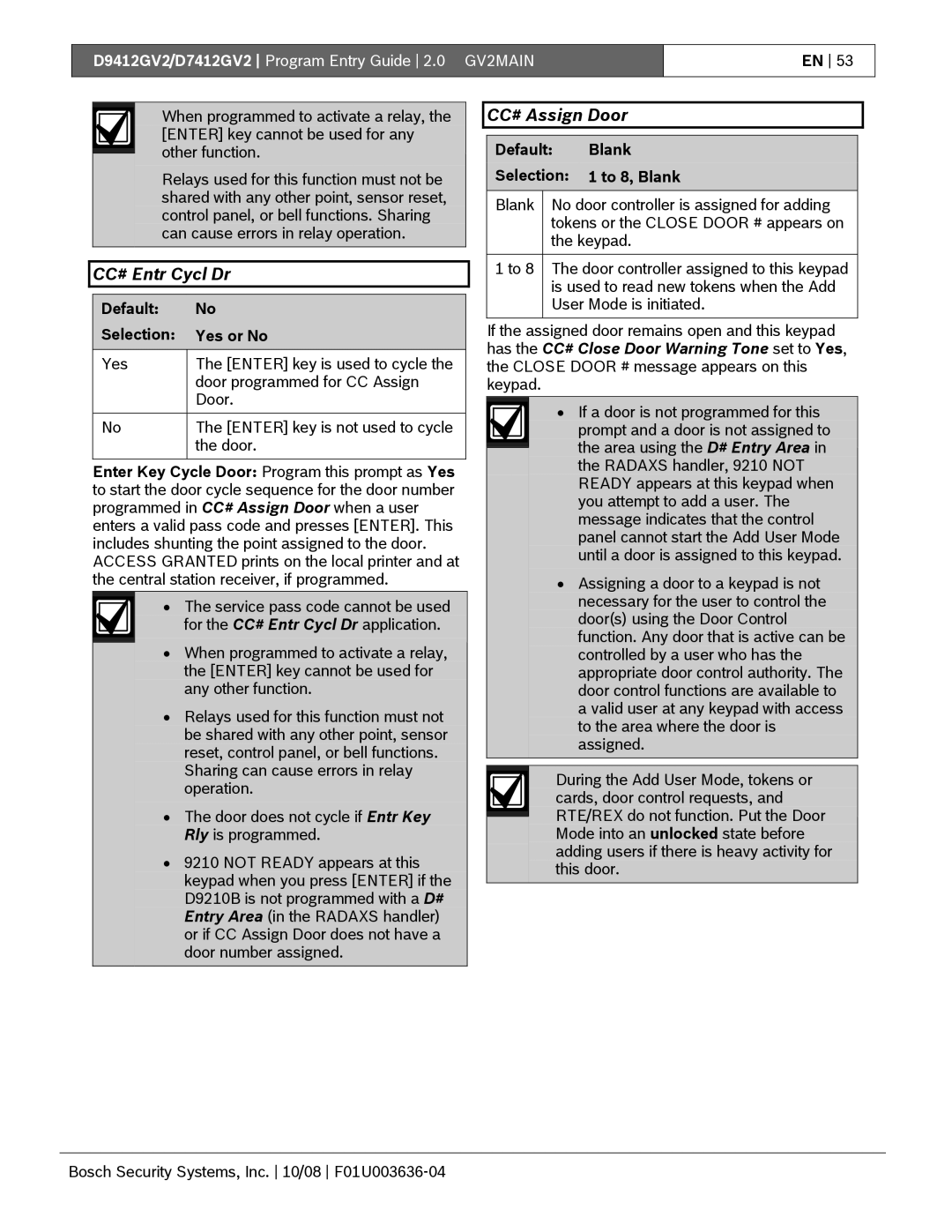 Bosch Appliances D9412GV2 manual CC# Entr Cycl Dr, CC# Assign Door, Default Blank Selection 1 to 8, Blank 