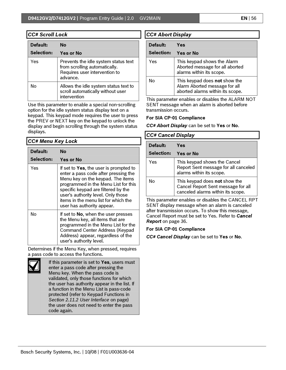 Bosch Appliances D9412GV2 manual CC# Scroll Lock, CC# Menu Key Lock, CC# Abort Display, CC# Cancel Display 