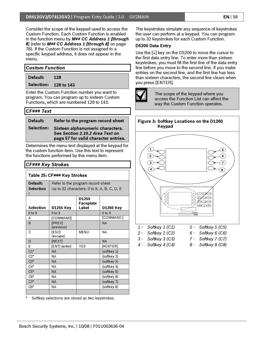 Bosch Appliances D9412GV2 manual Custom Function, CF### Text, CF### Key Strokes, See .10.2 Area Text on, Keypad 