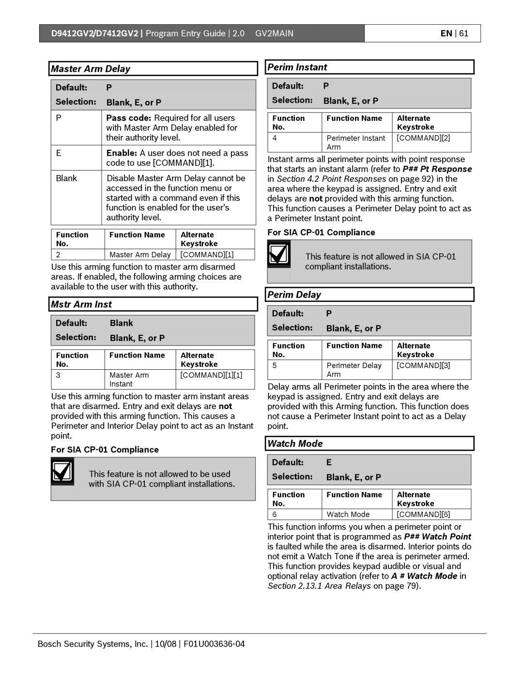 Bosch Appliances D9412GV2 manual Master Arm Delay, Mstr Arm Inst, Perim Instant, Perim Delay, Watch Mode 