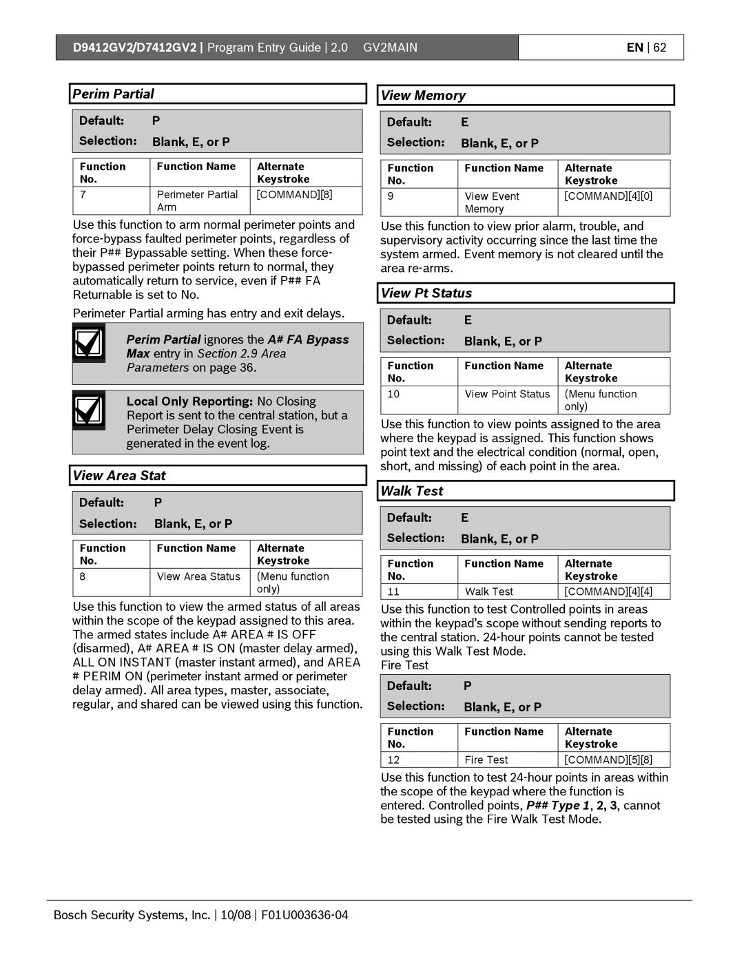 Bosch Appliances D9412GV2 manual Perim Partial, View Area Stat, View Memory, View Pt Status, Walk Test 