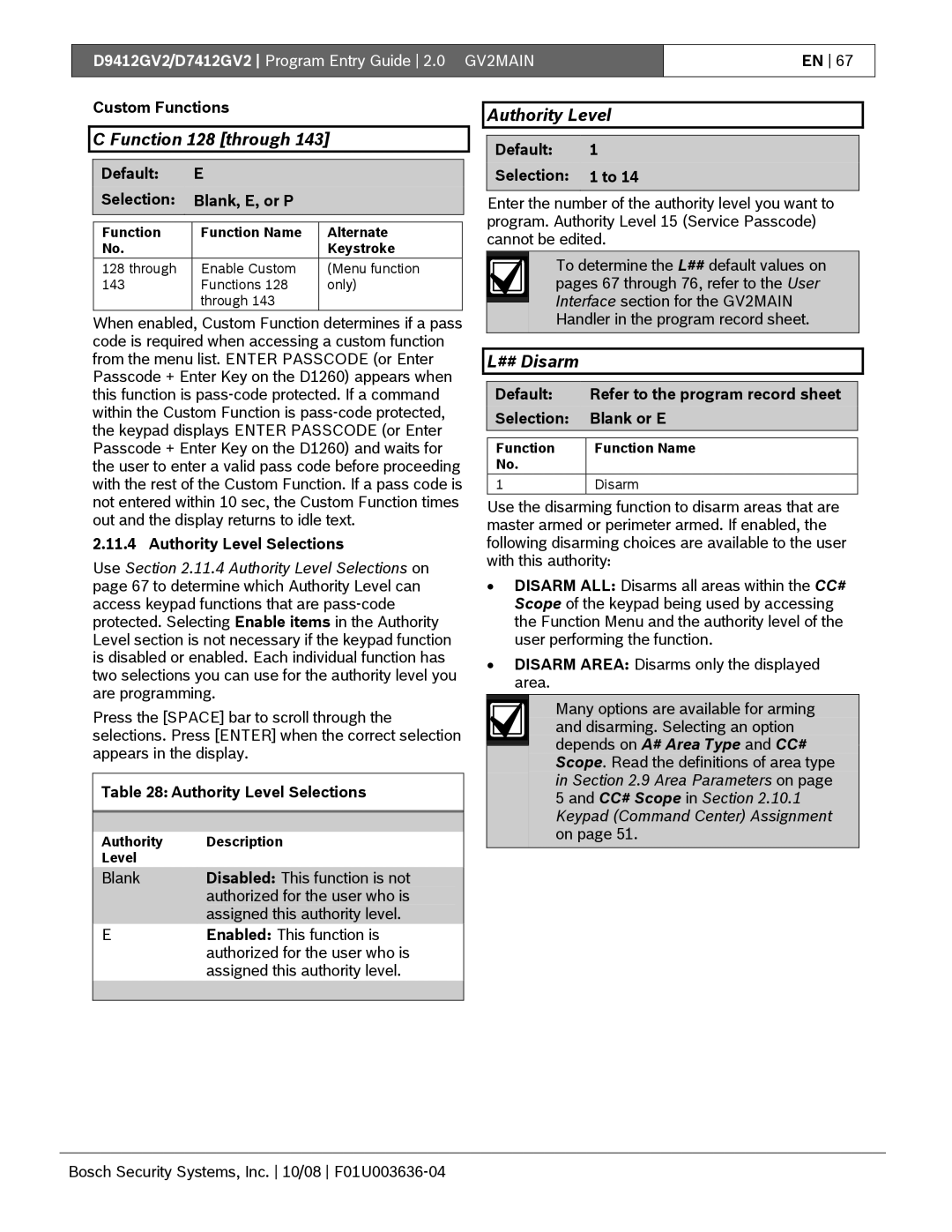 Bosch Appliances D9412GV2 manual Function 128 through, ## Disarm, Custom Functions, Authority Level Selections 