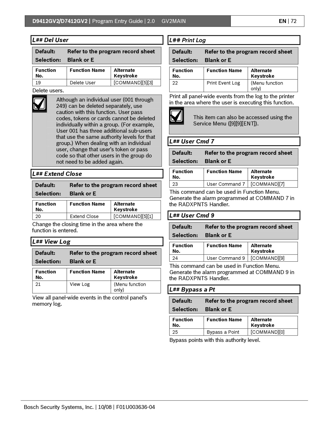 Bosch Appliances D9412GV2 manual ## Del User, ## Extend Close, ## User Cmd, ## View Log, ## Bypass a Pt 