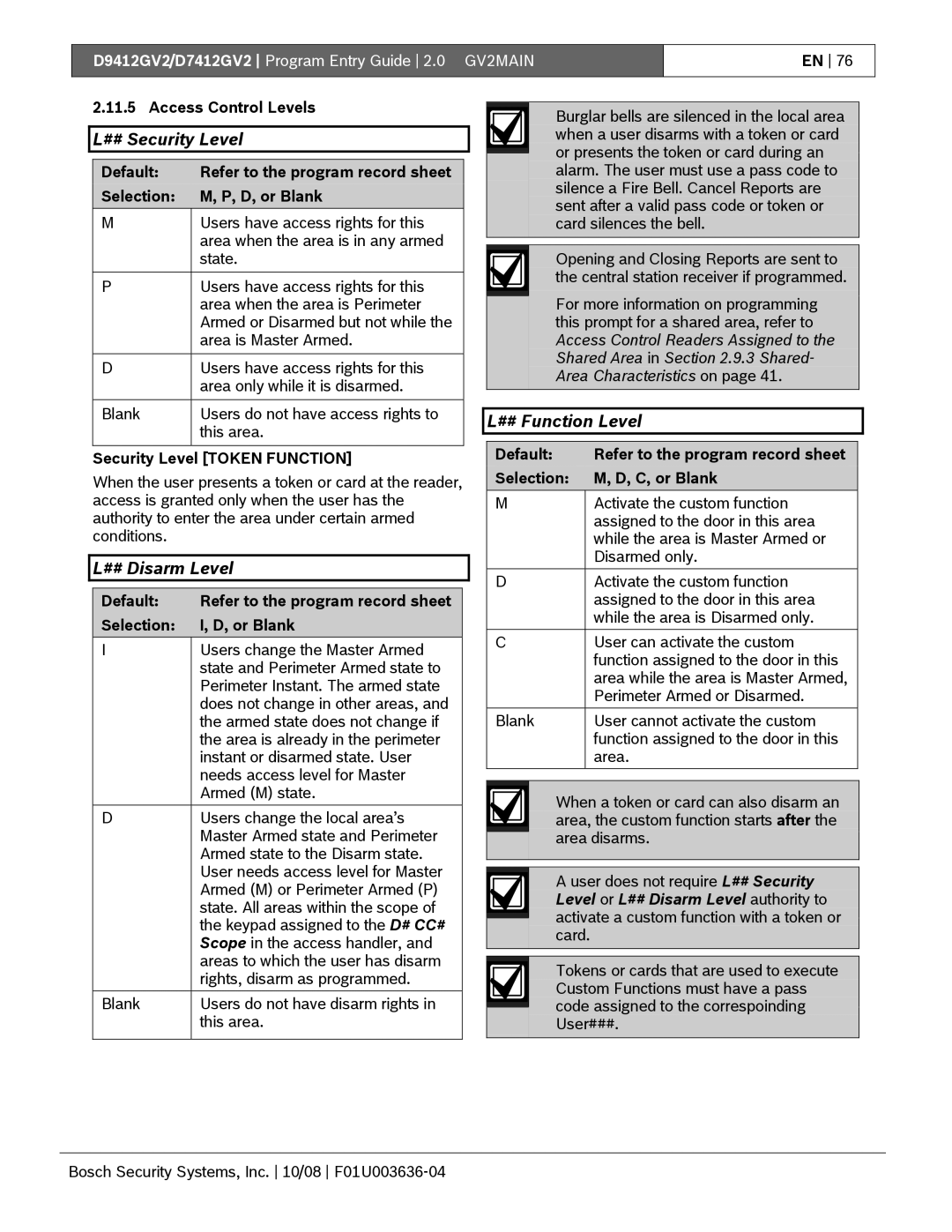 Bosch Appliances D9412GV2 manual ## Security Level, ## Function Level, Level or L## Disarm Level authority to 