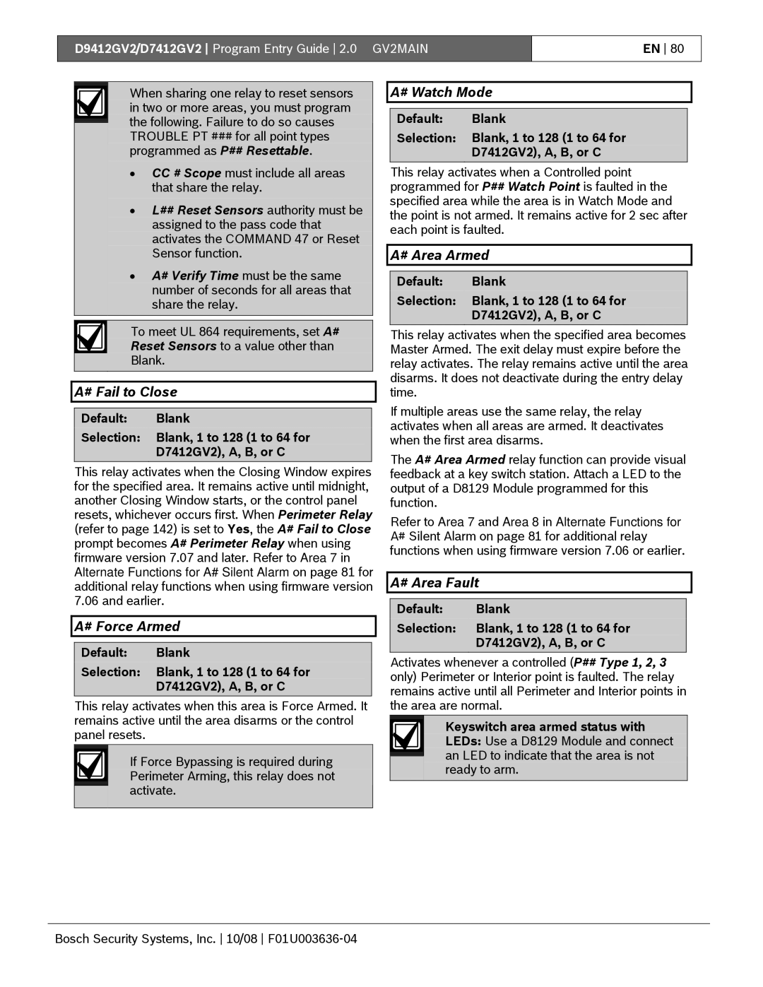 Bosch Appliances D9412GV2 manual # Force Armed, # Watch Mode, # Area Armed, # Area Fault 