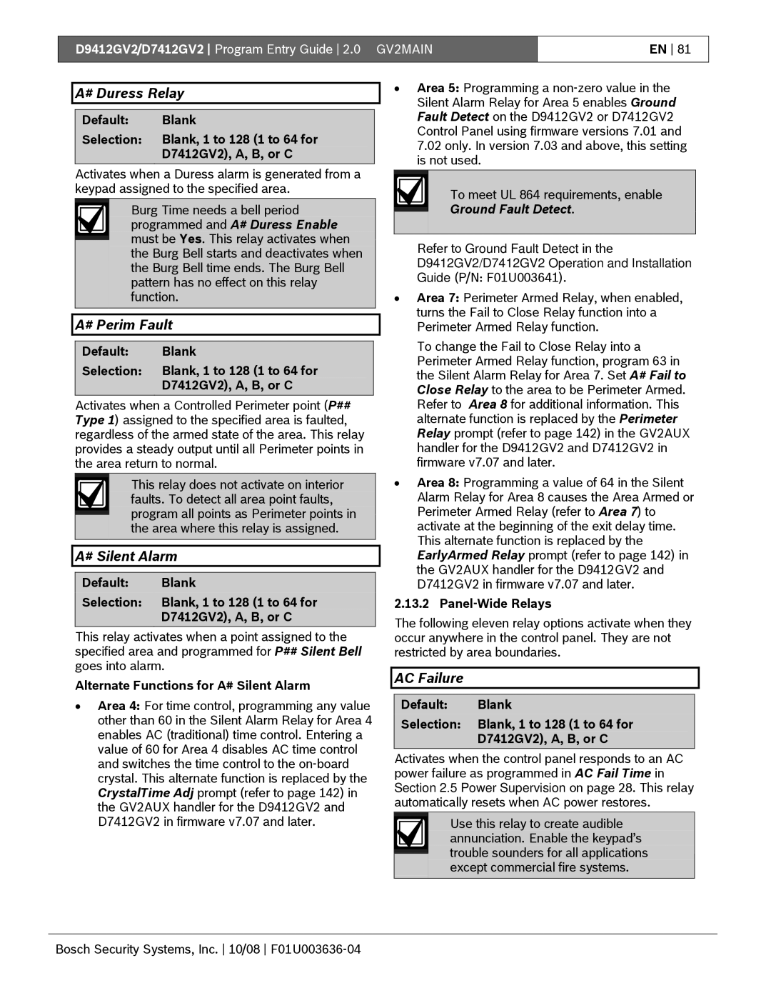 Bosch Appliances D9412GV2 manual # Duress Relay, # Perim Fault, # Silent Alarm, AC Failure, Ground Fault Detect 