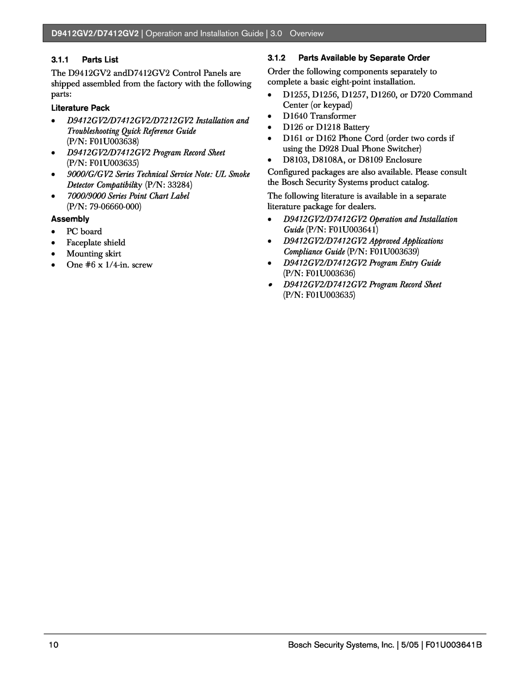 Bosch Appliances D9412GV2 manual 3.1.1Parts List, Literature Pack, Detector Compatibility P/N, Assembly 