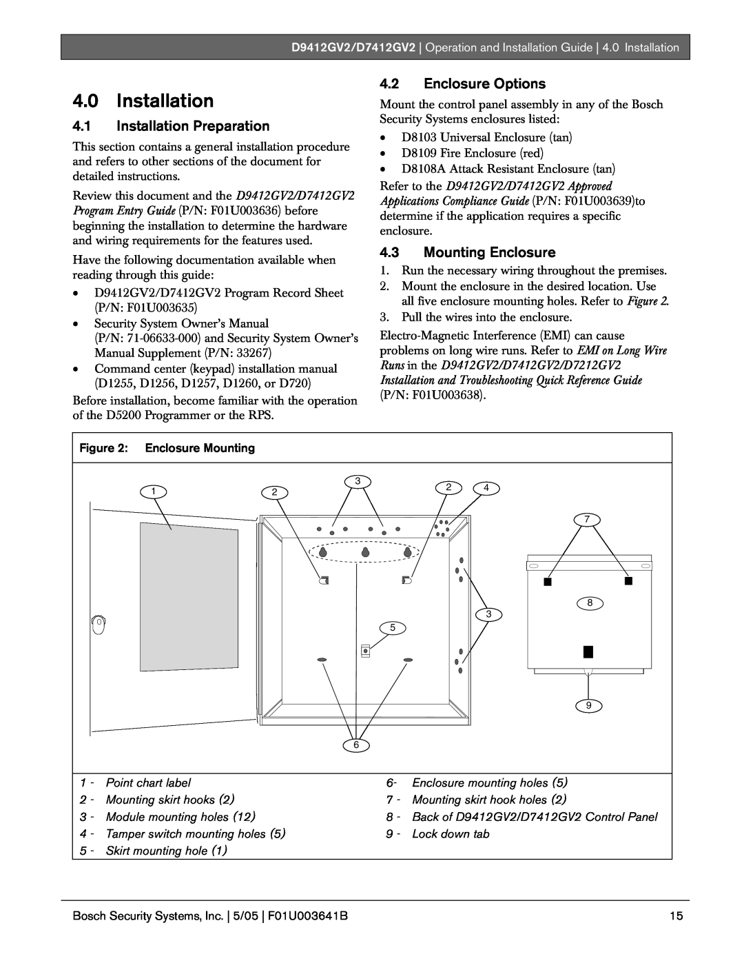 Bosch Appliances D9412GV2 manual 4.0Installation, 4.1Installation Preparation, 4.2Enclosure Options, 4.3Mounting Enclosure 