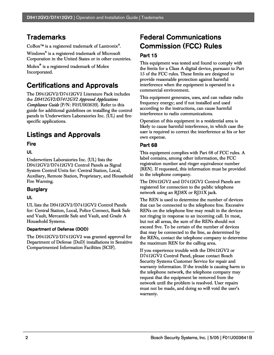 Bosch Appliances D9412GV2 manual Trademarks, Certifications and Approvals, Listings and Approvals, Fire, Burglary, Part 
