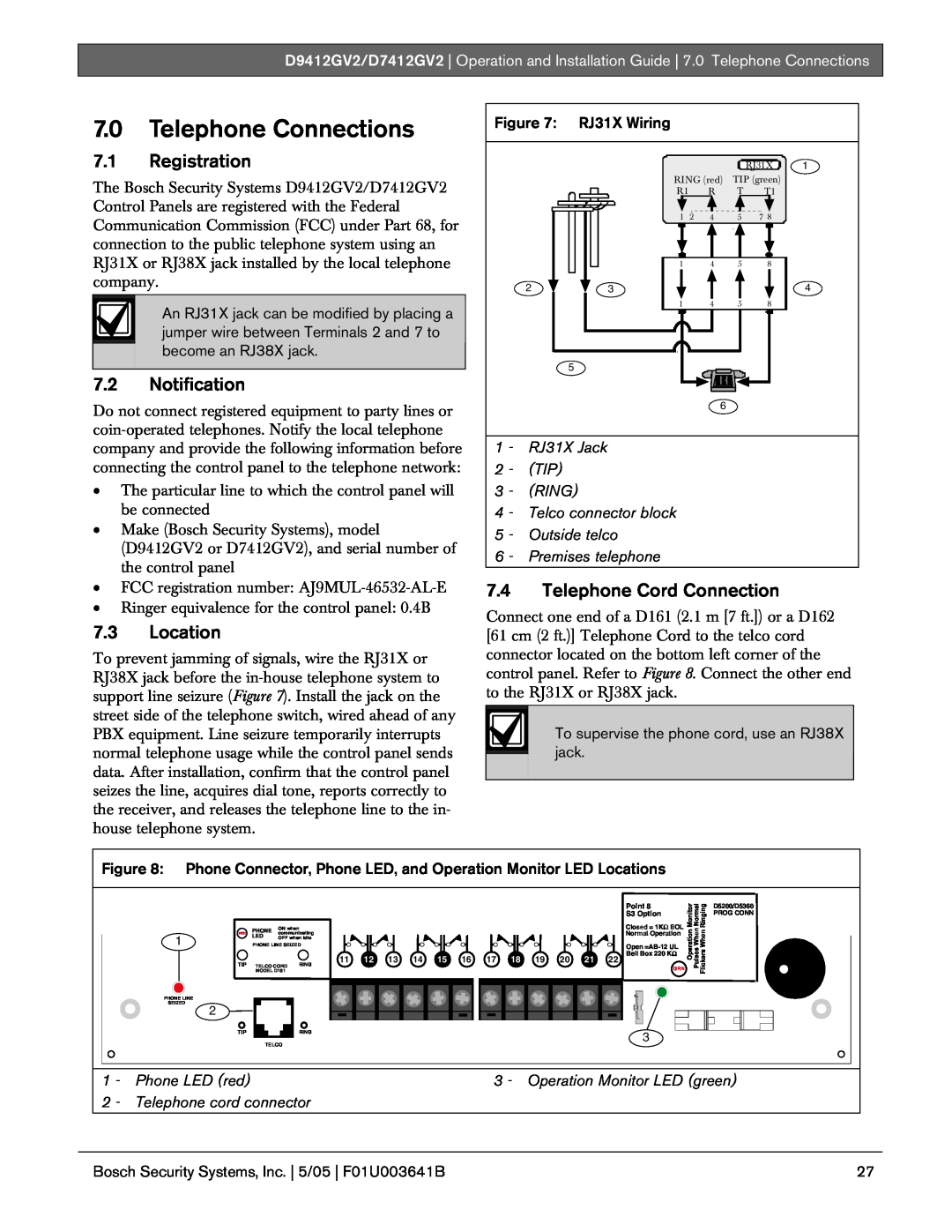 Bosch Appliances D9412GV2 manual 7.0Telephone Connections, 7.1Registration, 7.2Notification, 7.3Location 
