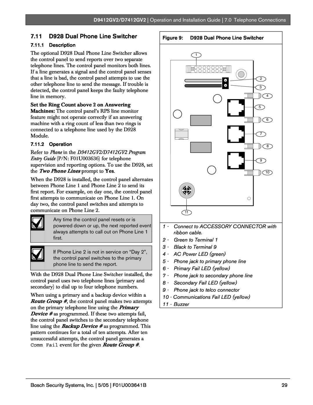 Bosch Appliances D9412GV2 manual 7.11D928 Dual Phone Line Switcher, Description, Operation 