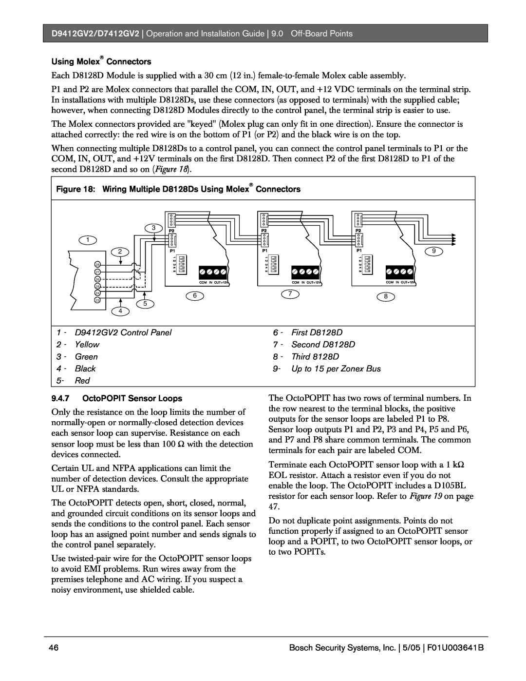 Bosch Appliances D9412GV2 manual Using Molex Connectors, 9.4.7OctoPOPIT Sensor Loops 