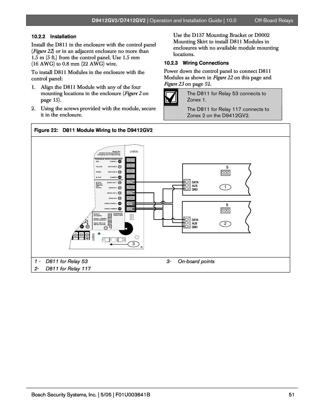 Bosch Appliances manual D811 Module Wiring to the D9412GV2, 1 - D811 for Relay, On-boardpoints, 2- D811 for Relay 