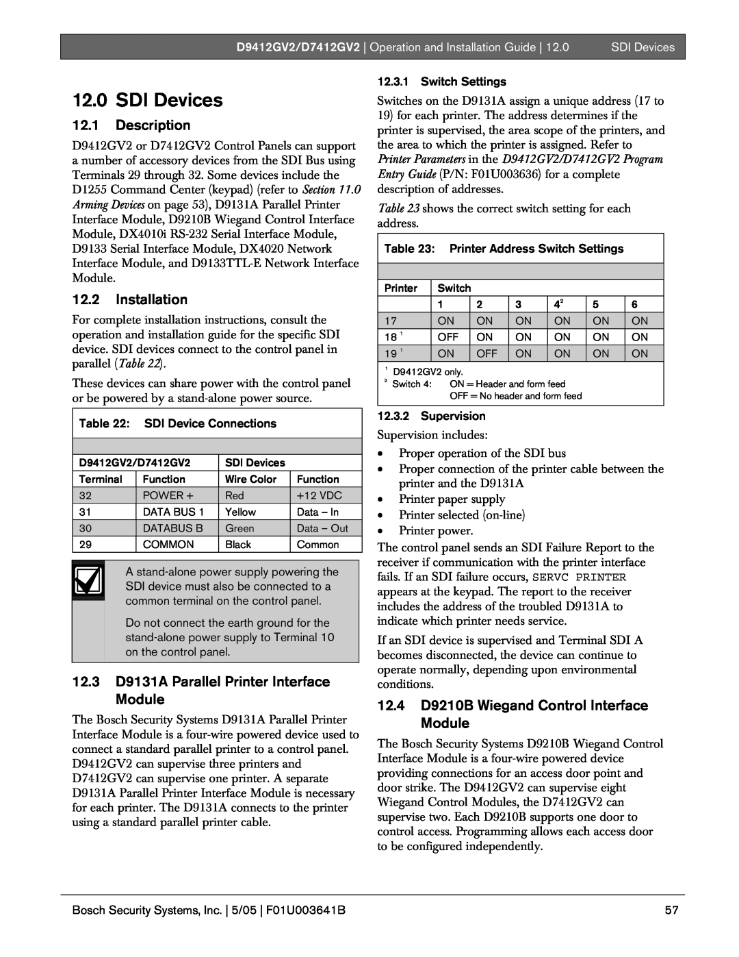 Bosch Appliances D9412GV2 12.0SDI Devices, 12.1Description, 12.2Installation, 12.3D9131A Parallel Printer Interface Module 