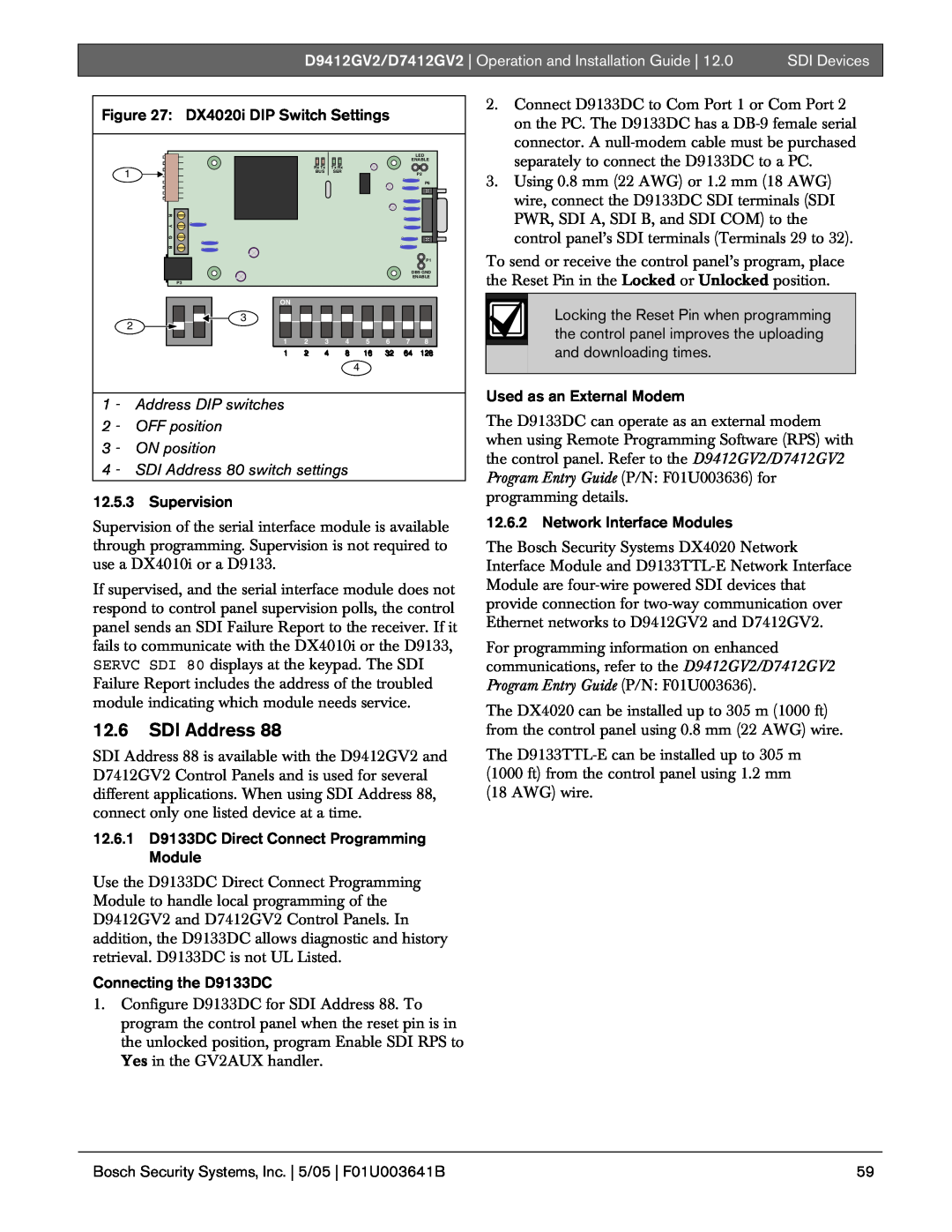 Bosch Appliances D9412GV2 12.6SDI Address, DX4020i DIP Switch Settings, Supervision, Connecting the D9133DC, SDI Devices 