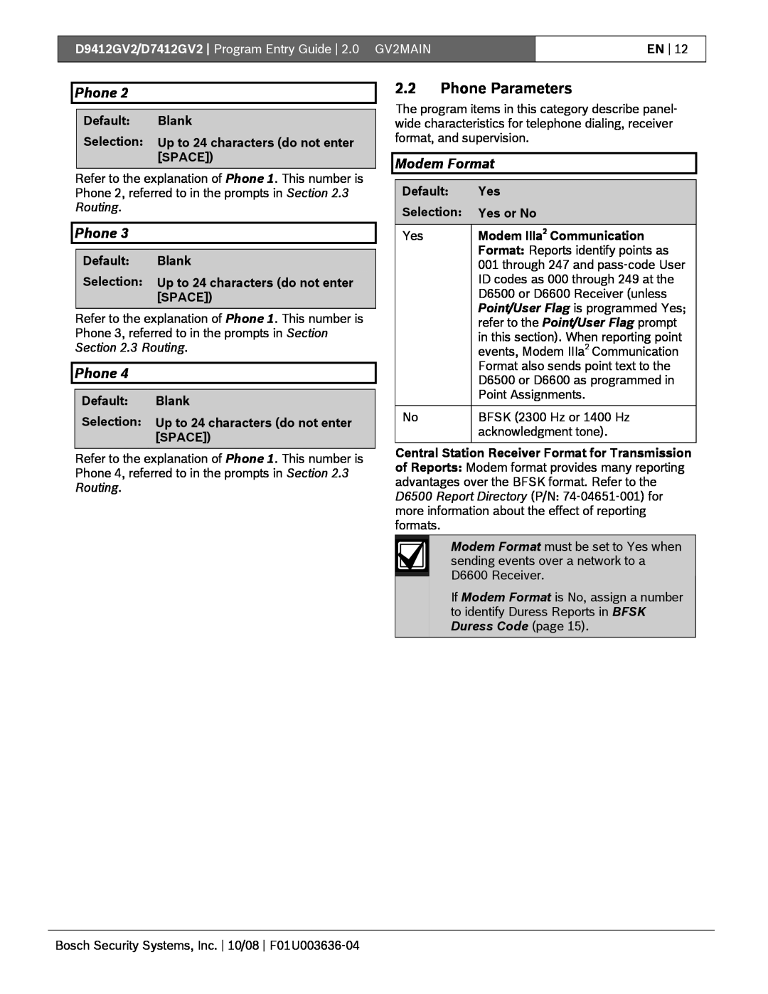 Bosch Appliances D9412GV2 manual 2.2Phone Parameters, Modem Format 