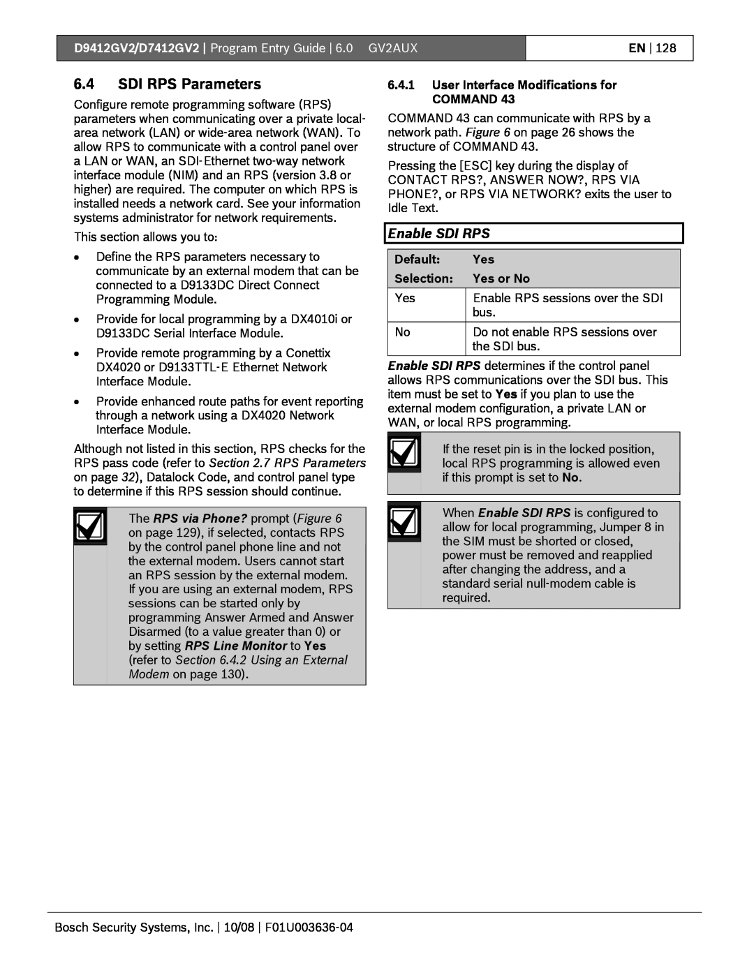 Bosch Appliances D9412GV2 manual 6.4SDI RPS Parameters, Enable SDI RPS 