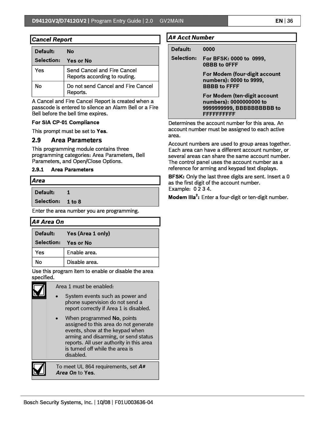 Bosch Appliances D9412GV2 manual 2.9Area Parameters, Cancel Report, A# Area On, A# Acct Number, Area On to Yes 