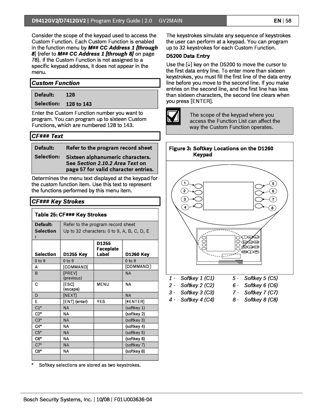 Bosch Appliances D9412GV2 Custom Function, CF### Text, CF### Key Strokes, See .10.2 Area Text on, Keypad, Softkey 1 C1 