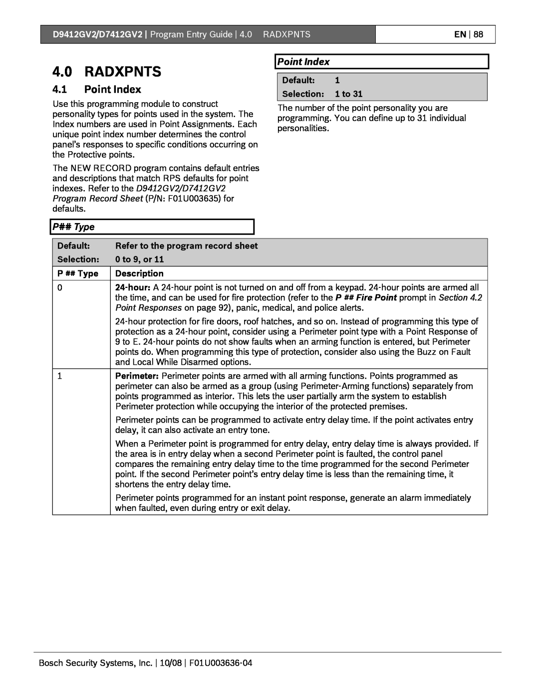 Bosch Appliances D9412GV2 manual 4.0RADXPNTS, 4.1Point Index, P## Type 