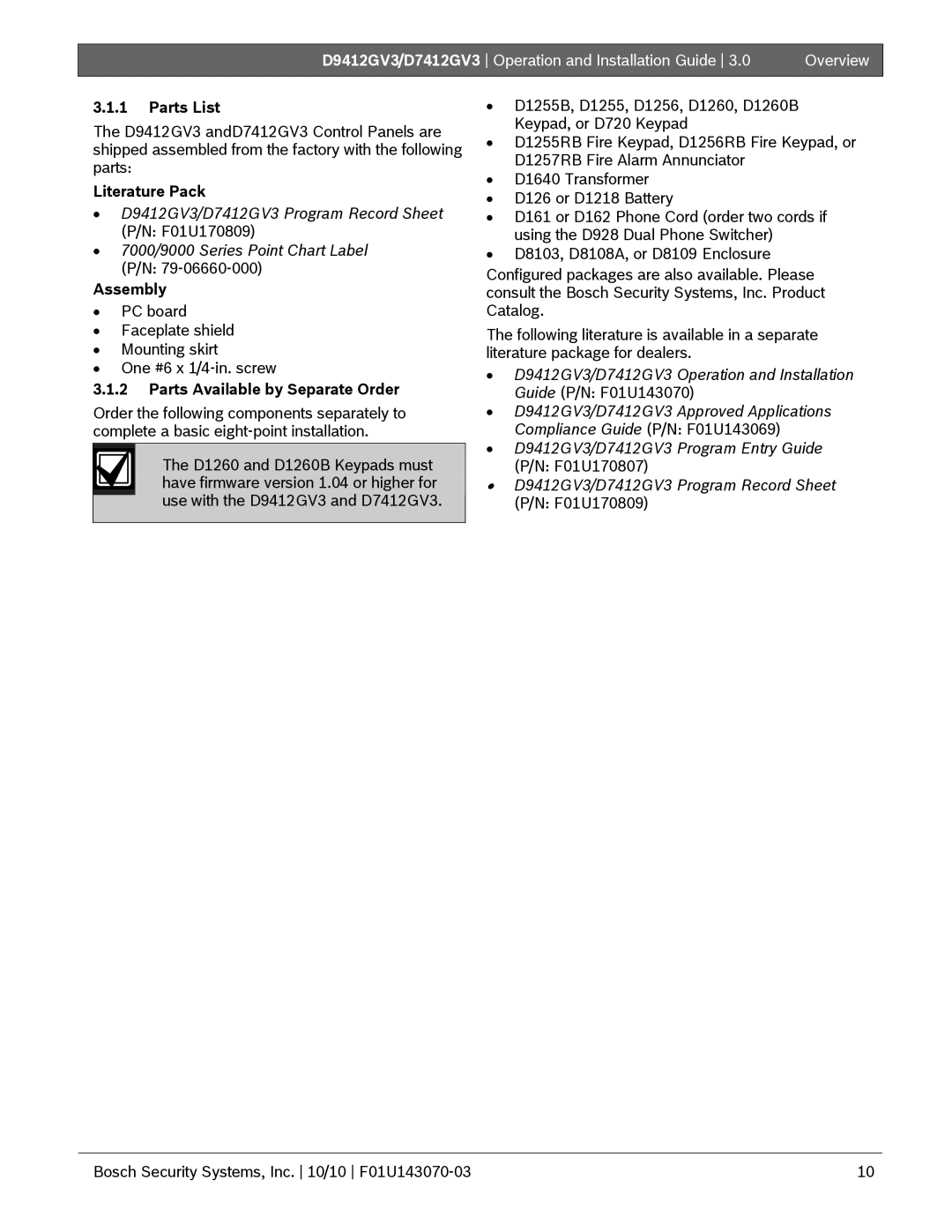 Bosch Appliances D9412GV3, D7412GV3 manual Parts List, Literature Pack, Assembly, Parts Available by Separate Order 