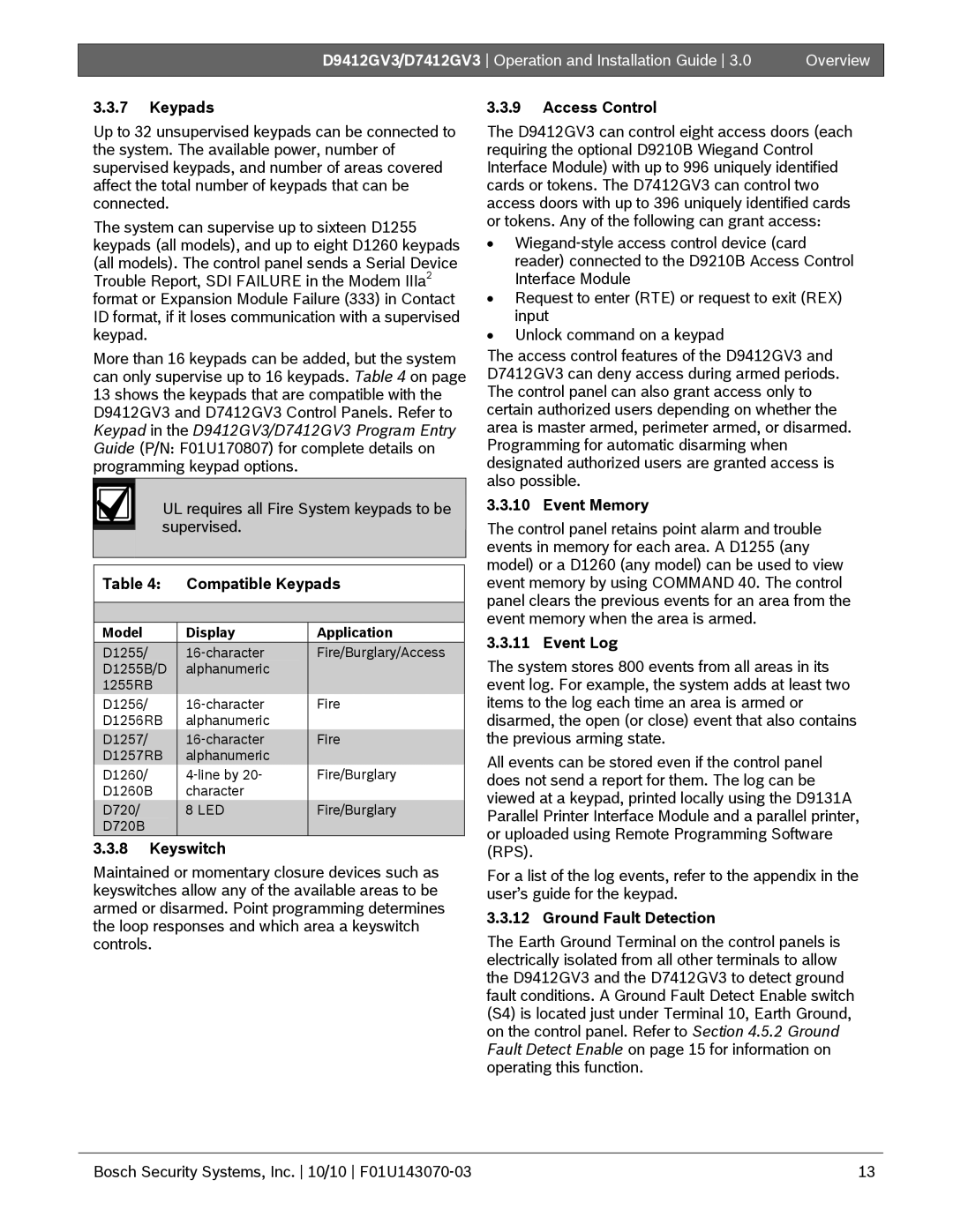 Bosch Appliances D7412GV3, D9412GV3 manual Compatible Keypads, Keyswitch, Access Control, Event Memory, Event Log 