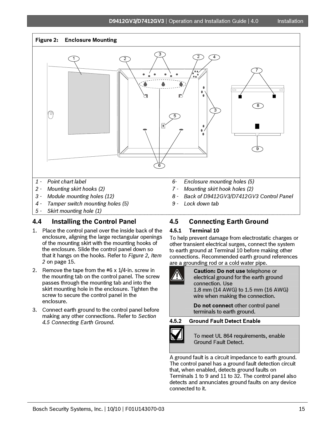 Bosch Appliances D7412GV3 Installing the Control Panel, Connecting Earth Ground, Terminal, Ground Fault Detect Enable 