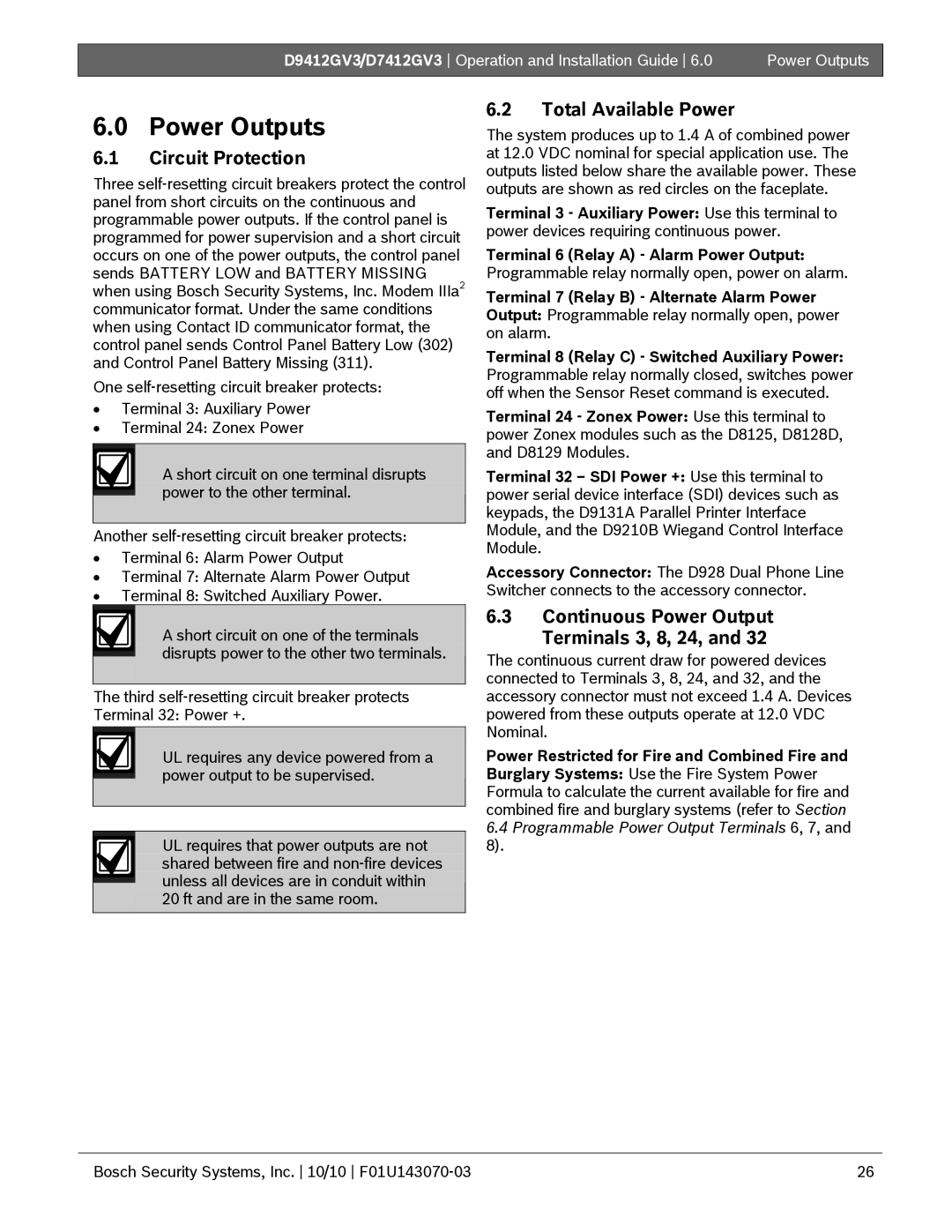 Bosch Appliances D9412GV3, D7412GV3 manual Power Outputs, Circuit Protection, Total Available Power 