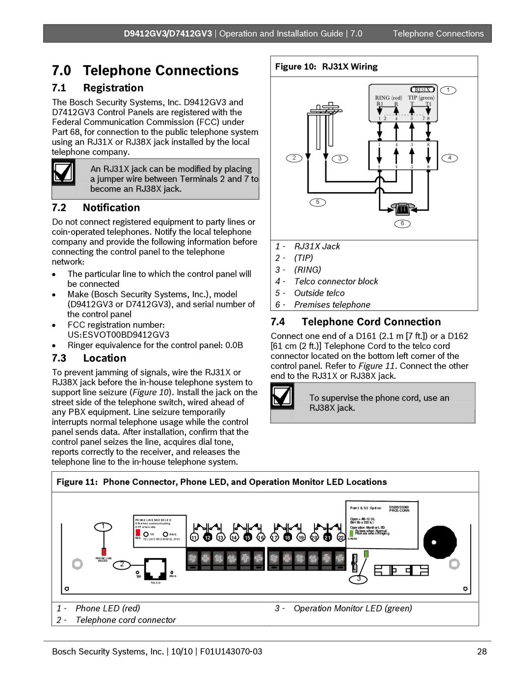 Bosch Appliances D9412GV3, D7412GV3 Telephone Connections, Registration, Notification, Location, Telephone Cord Connection 