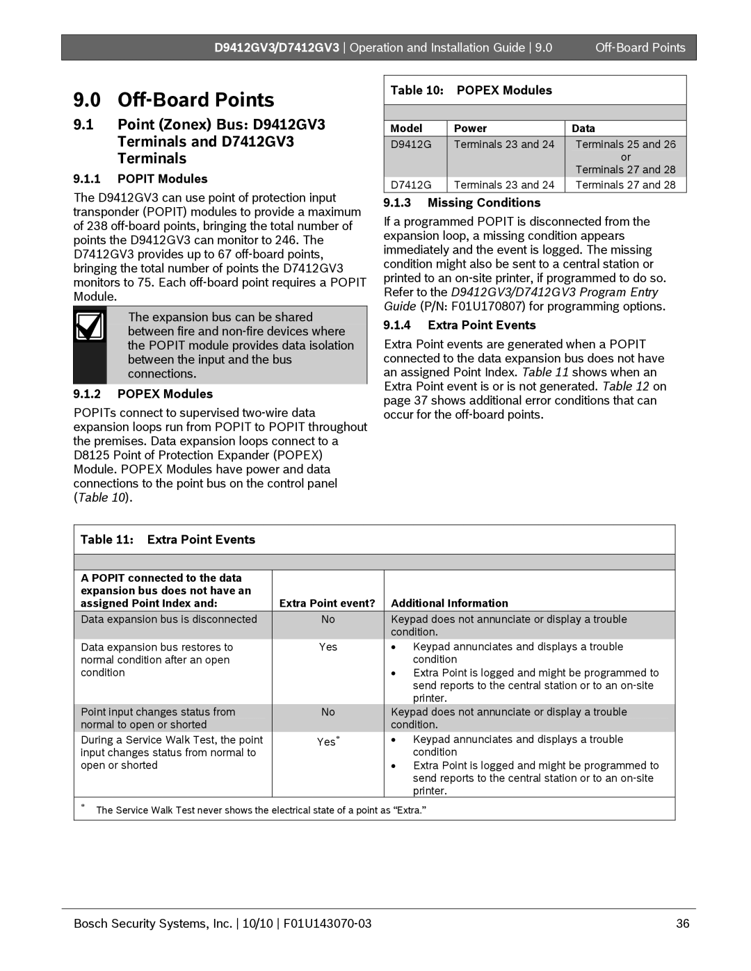 Bosch Appliances manual Off-Board Points, Point Zonex Bus D9412GV3 Terminals and D7412GV3 