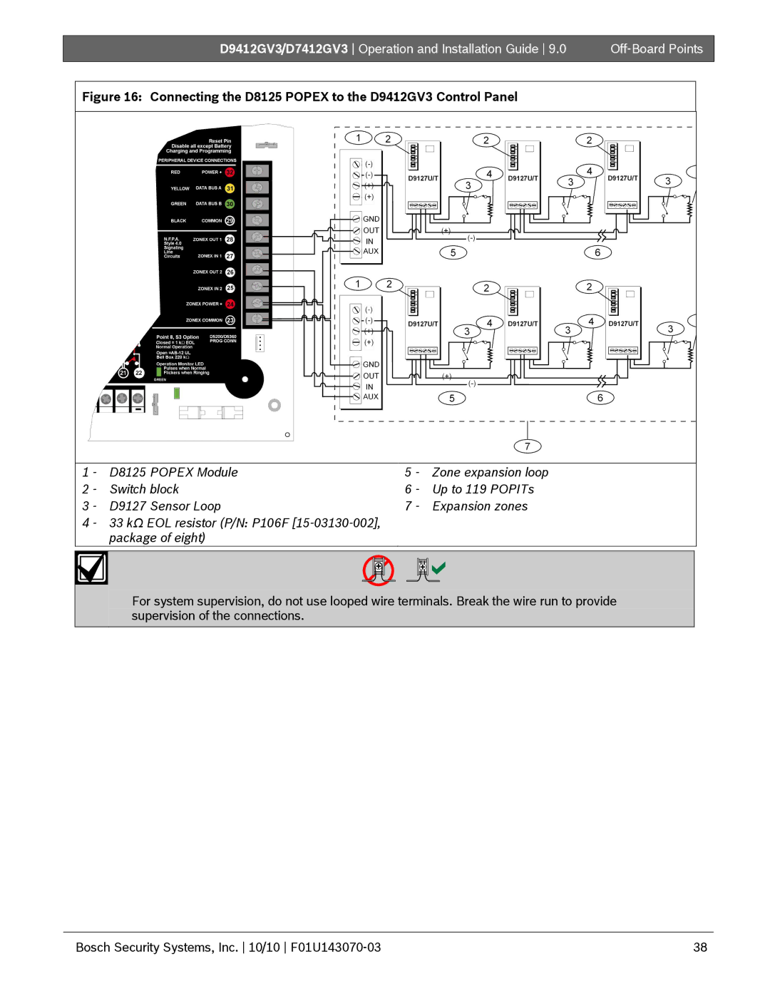 Bosch Appliances D7412GV3 manual Connecting the D8125 Popex to the D9412GV3 Control Panel 