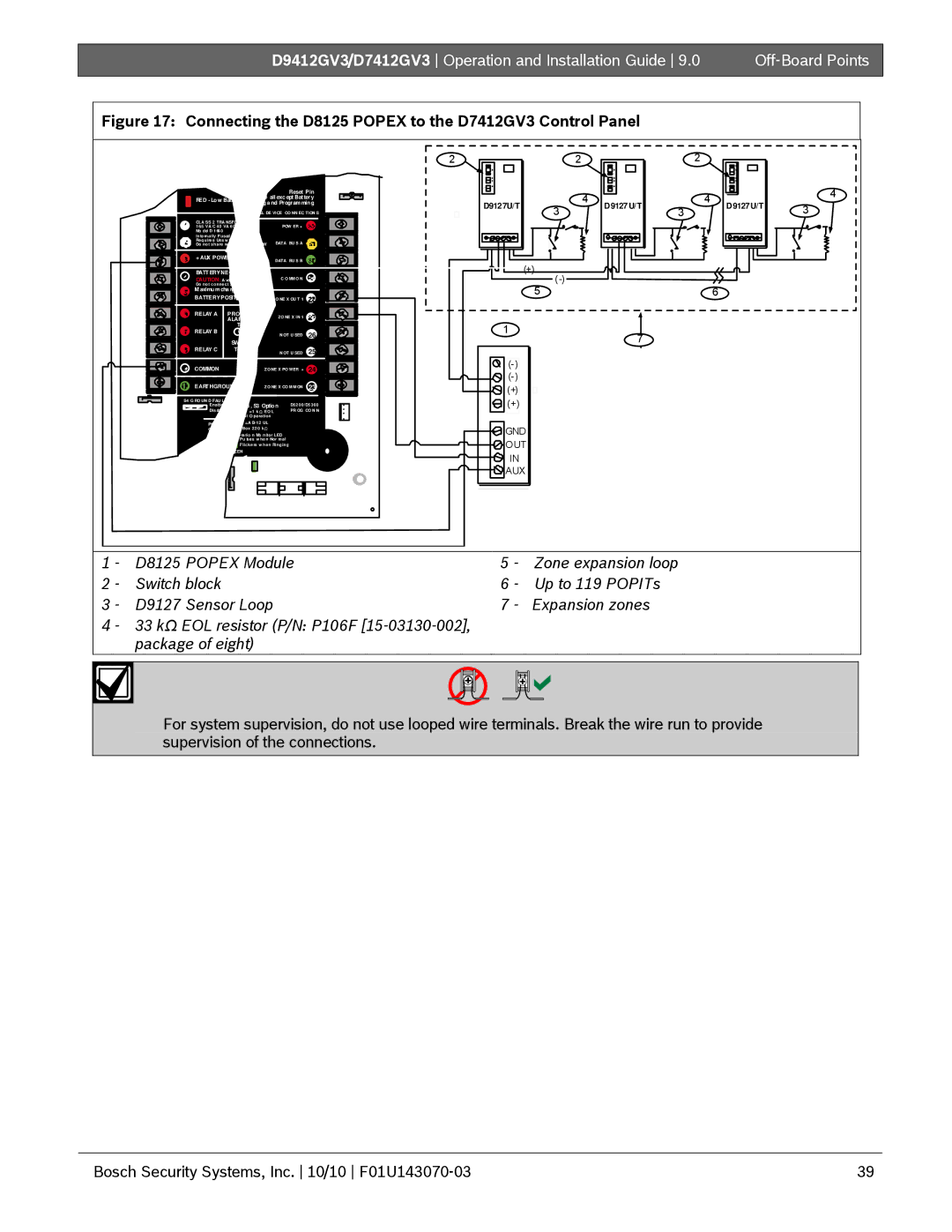 Bosch Appliances D9412GV3 manual Connecting the D8125 Popex to the D7412GV3 Control Panel 