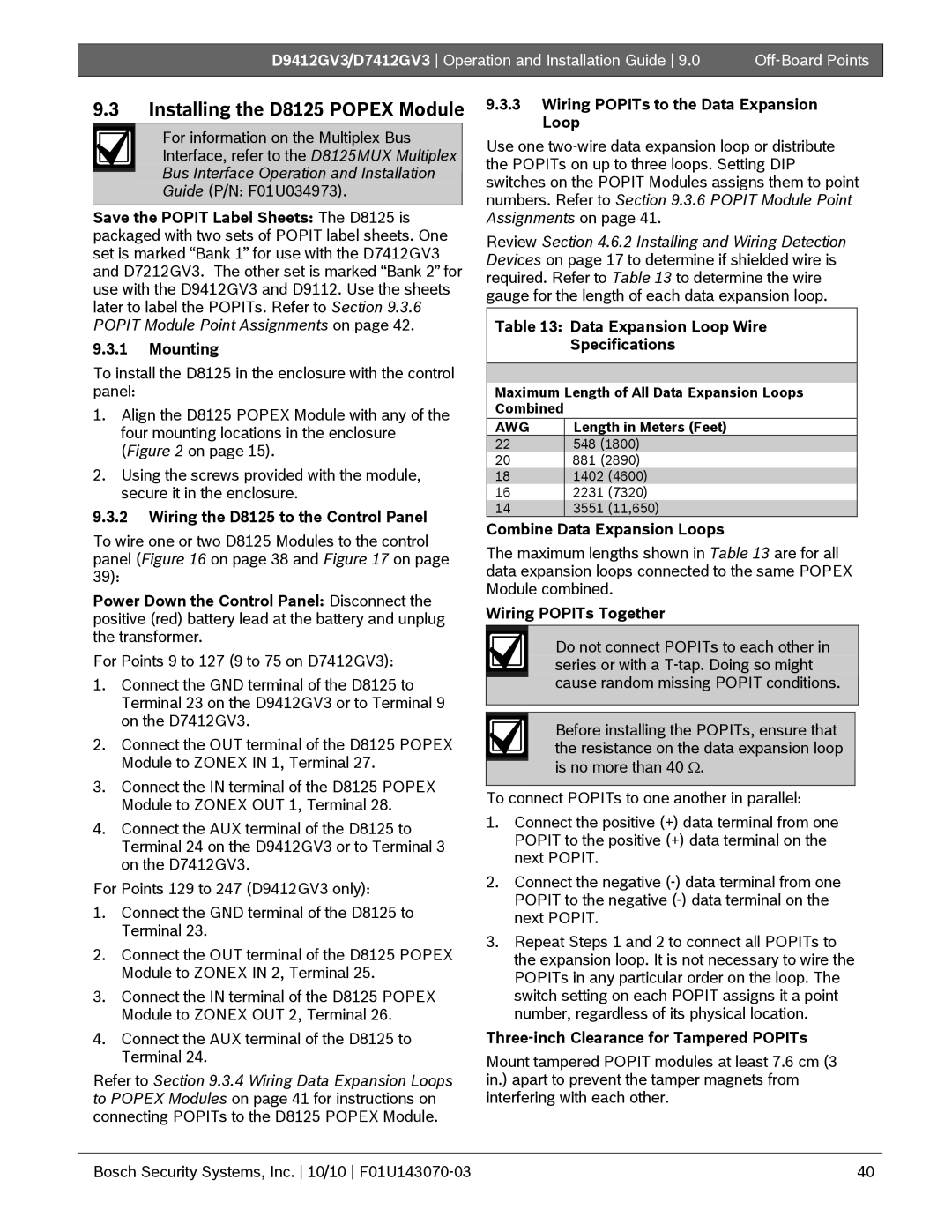 Bosch Appliances D9412GV3, D7412GV3 manual Installing the D8125 Popex Module 