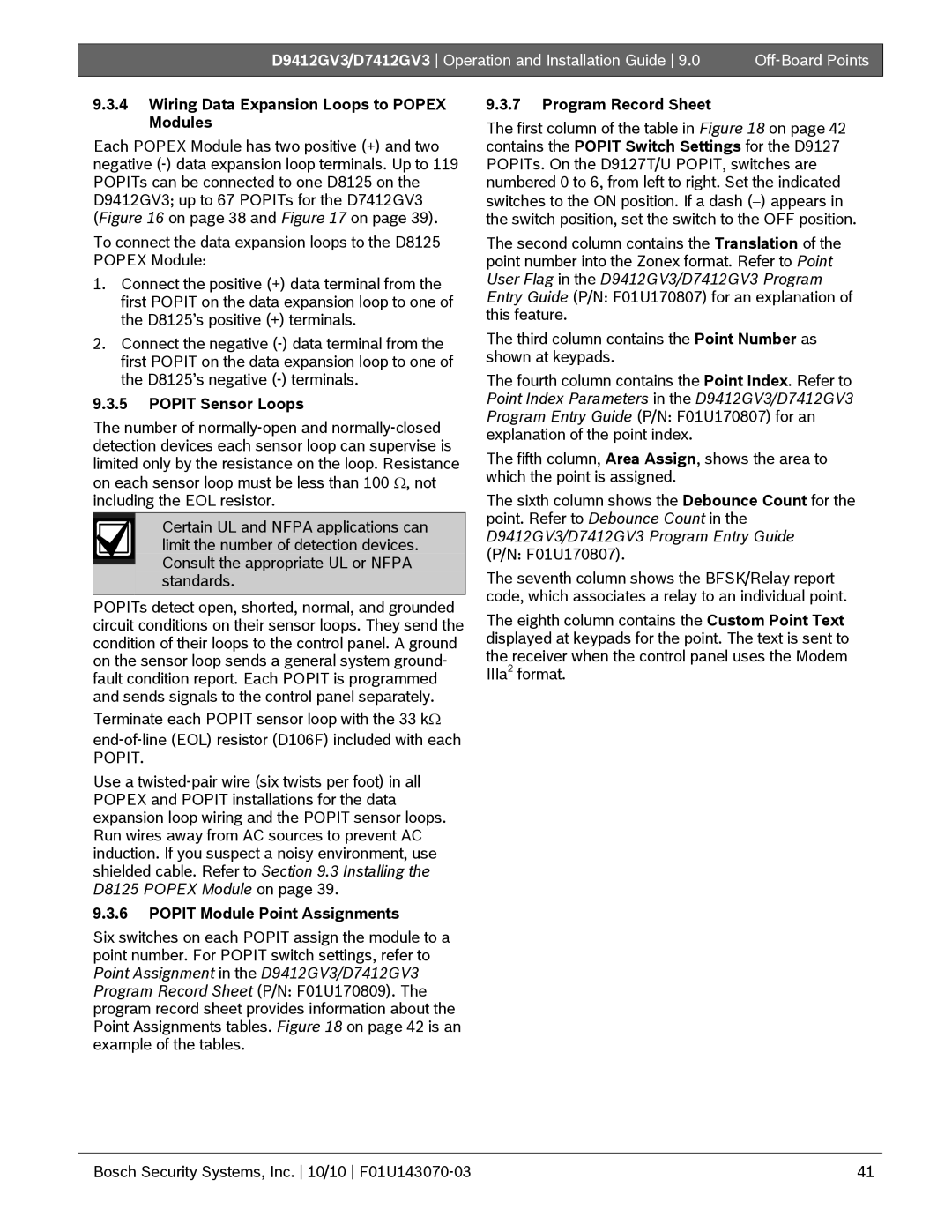 Bosch Appliances D7412GV3 Wiring Data Expansion Loops to Popex Modules, Popit Sensor Loops, Popit Module Point Assignments 