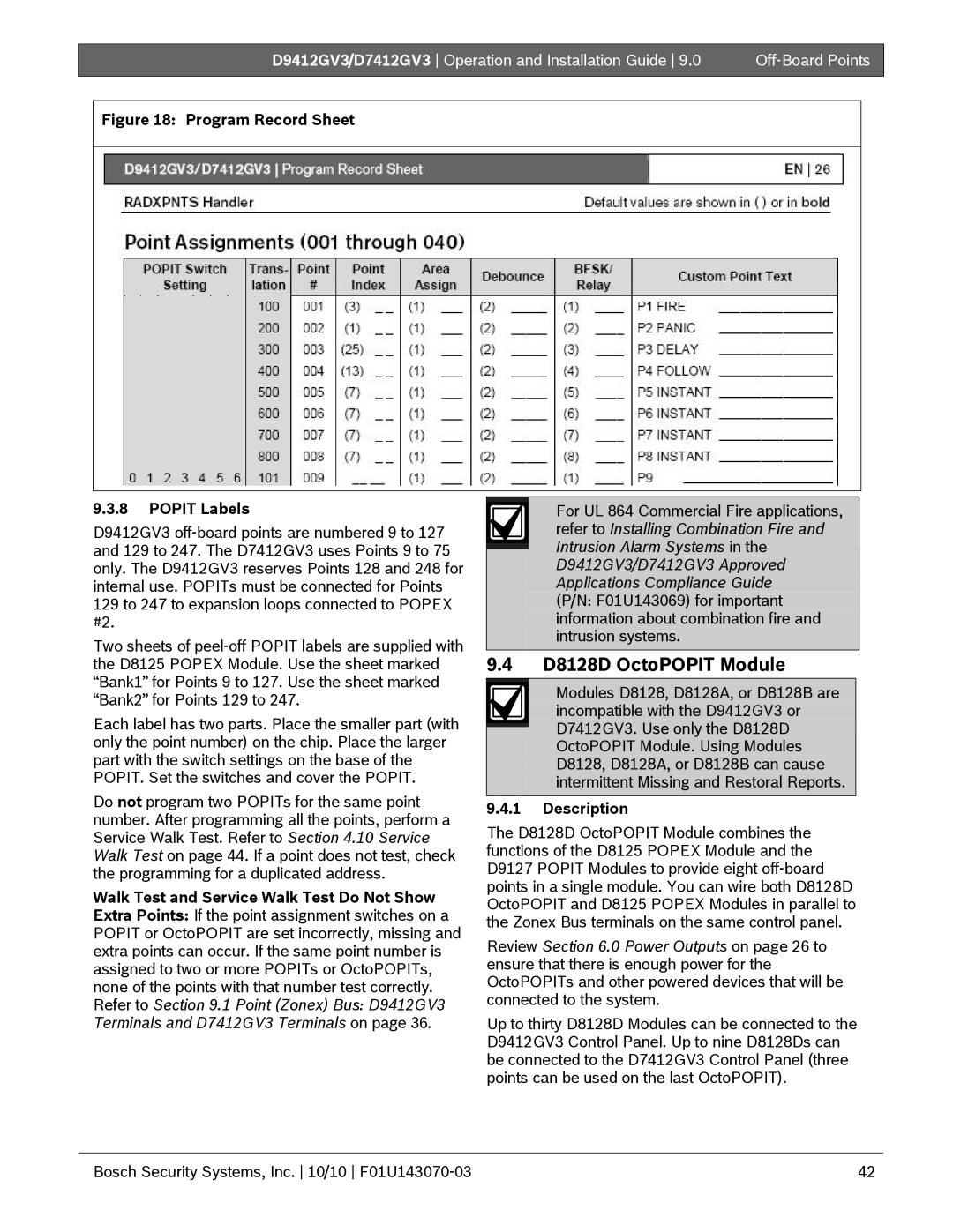 Bosch Appliances D9412GV3, D7412GV3 manual D8128D OctoPOPIT Module, Program Record Sheet Popit Labels 