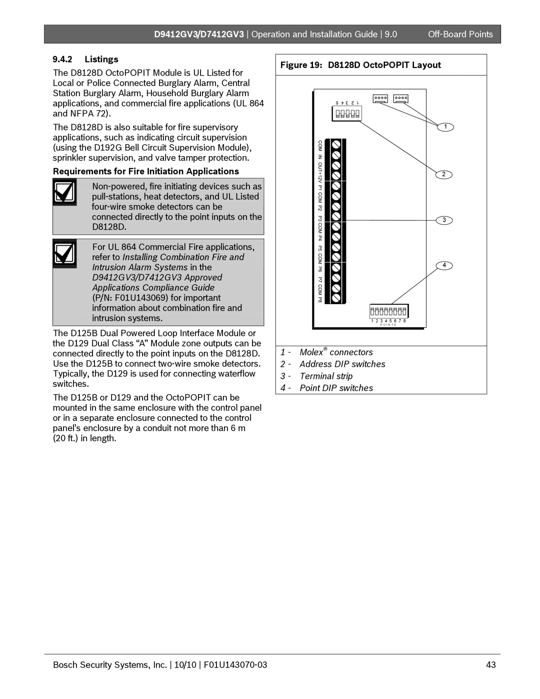 Bosch Appliances D7412GV3, D9412GV3 manual Requirements for Fire Initiation Applications, D8128D OctoPOPIT Layout 