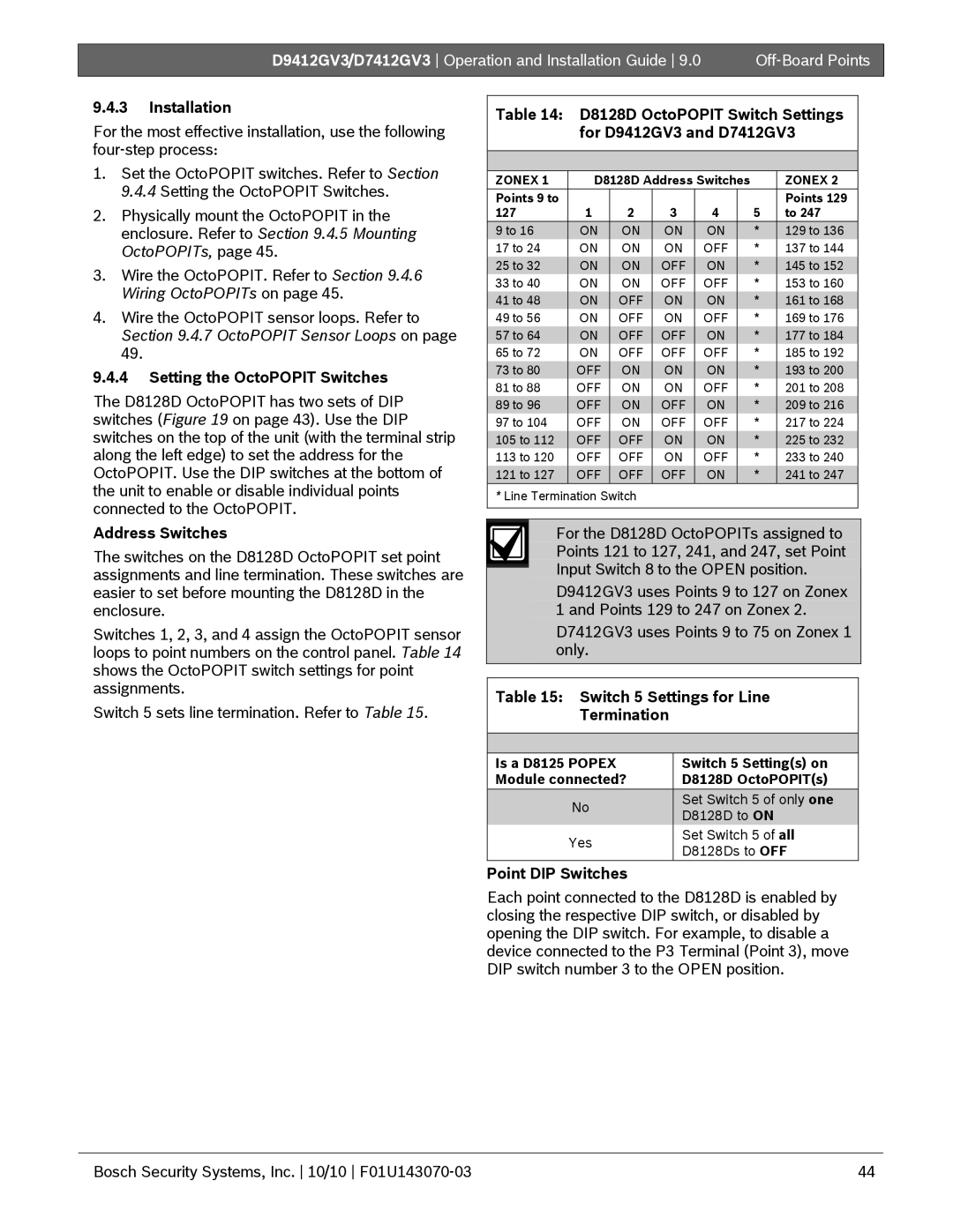 Bosch Appliances D9412GV3, D7412GV3 Installation, Setting the OctoPOPIT Switches, Address Switches, Point DIP Switches 