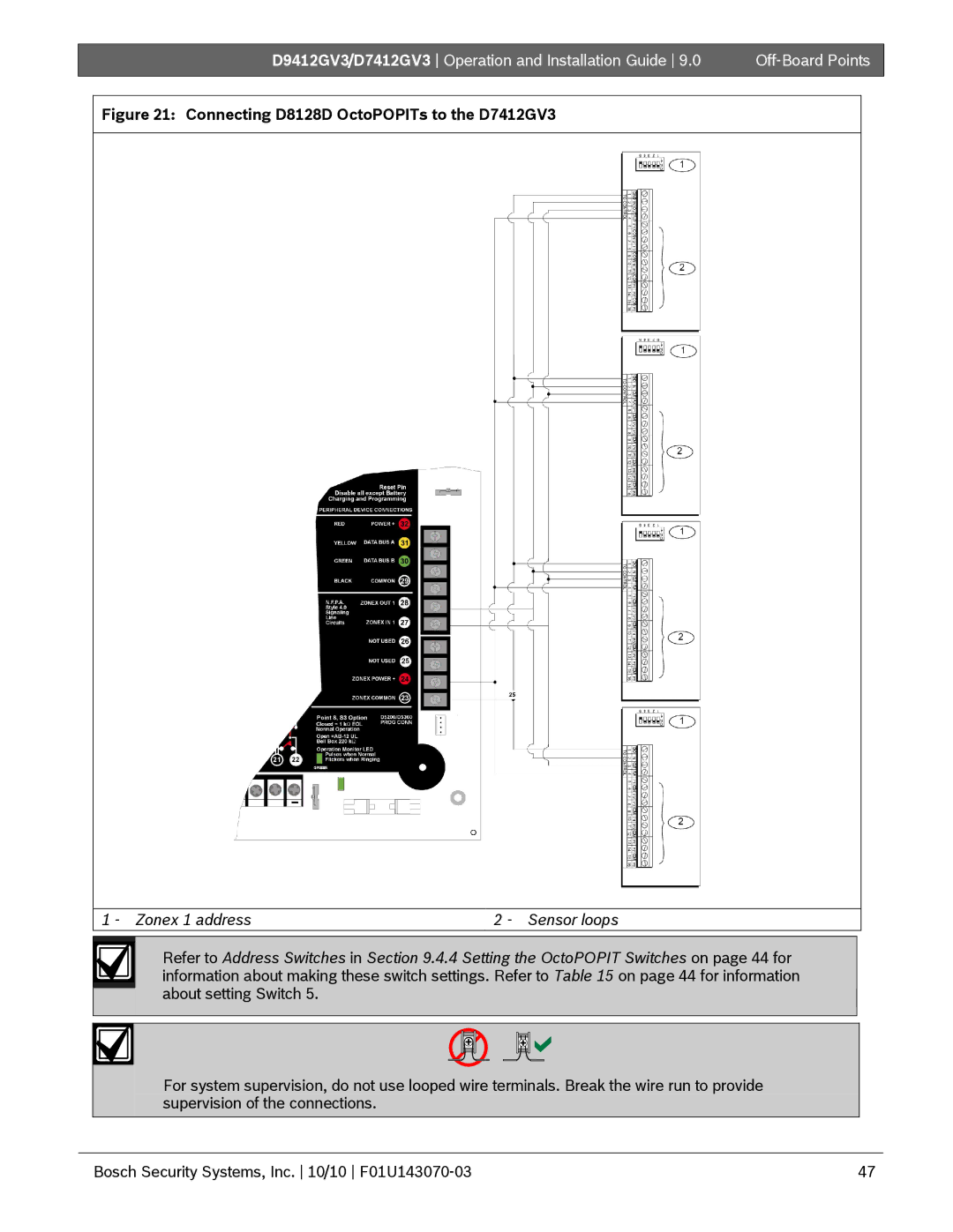 Bosch Appliances D9412GV3 manual Connecting D8128D OctoPOPITs to the D7412GV3 