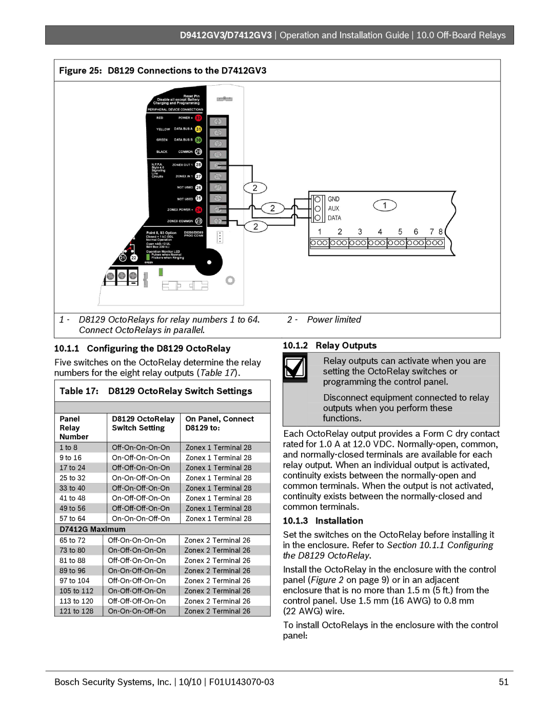 Bosch Appliances D7412GV3, D9412GV3 manual Configuring the D8129 OctoRelay, D8129 OctoRelay Switch Settings, Relay Outputs 