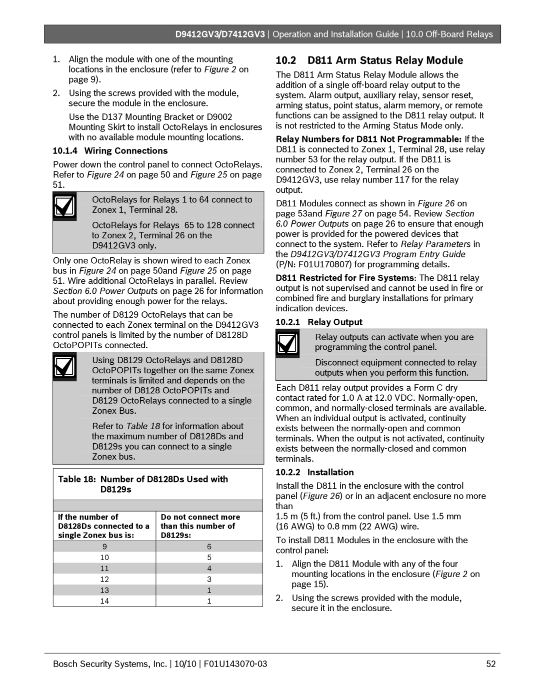 Bosch Appliances D9412GV3 manual 10.2 D811 Arm Status Relay Module, Wiring Connections, Number of D8128Ds Used with D8129s 