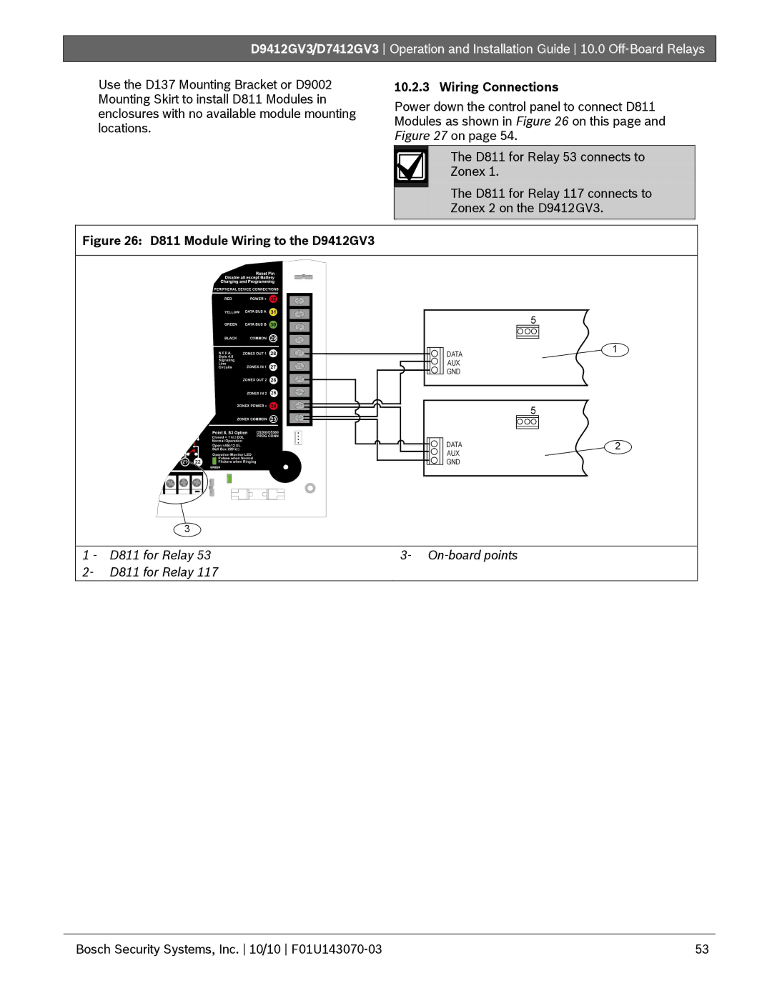 Bosch Appliances D7412GV3 manual D811 Module Wiring to the D9412GV3 