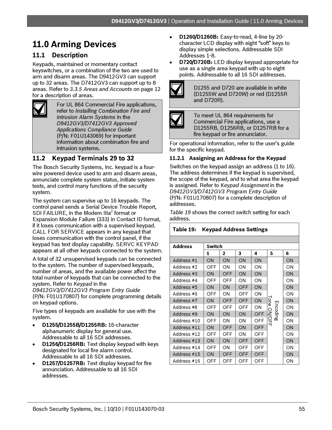 Bosch Appliances D7412GV3 manual Arming Devices, Description, Keypad Terminals 29 to, Assigning an Address for the Keypad 